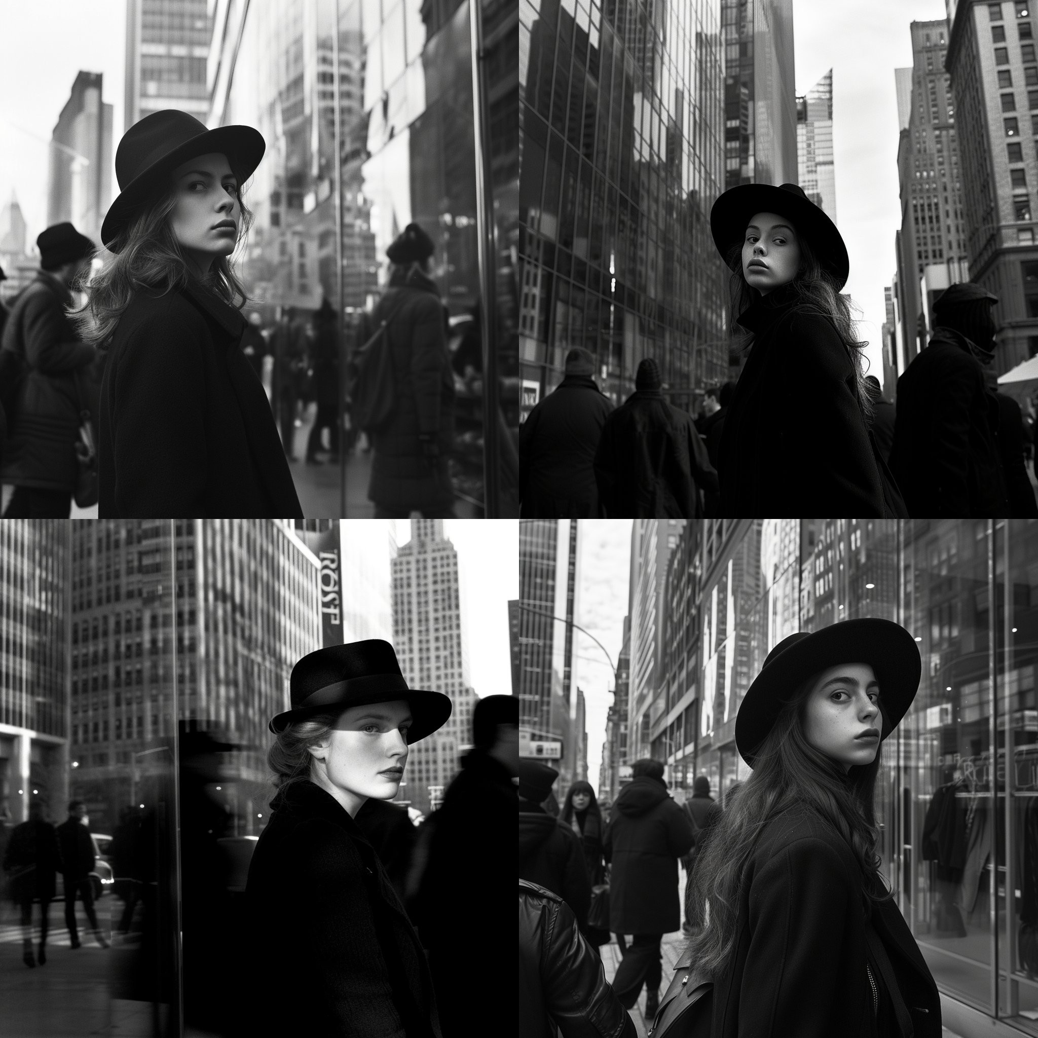 无视，冷漠，艺术感的主题。一位年轻女子站在繁忙的都市街道上，周围人群匆忙而忽视她的存在。她穿着黑色长外套和黑色帽子，面容冷漠而高傲。背景中的建筑物呈现现代艺术风格，玻璃幕墙反射出摩天大楼的倒影。镜头使用广角镜头，给人一种压迫感。黑白色调强调了冷漠和无视的主题。