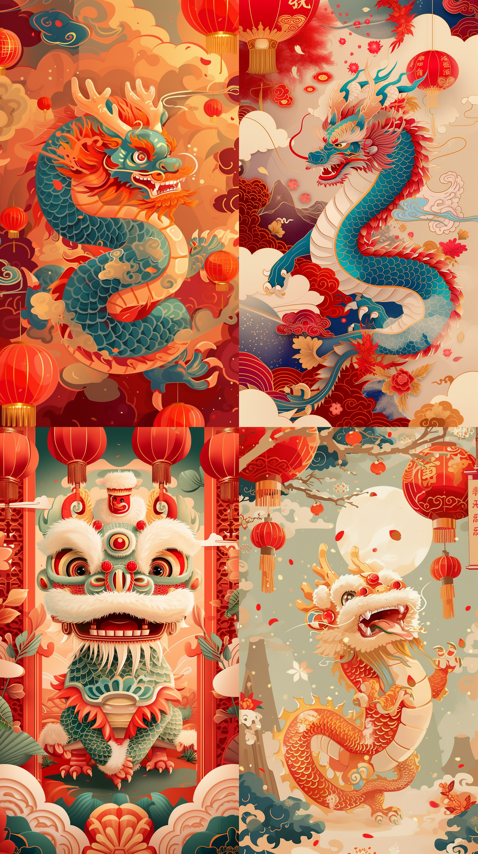 中国风插画，春节氛围浓厚。画面中有一只可爱的龙，身上鳞片细腻，五彩斑斓。背景是传统的红色灯笼和春联，营造出浓郁的年味。整体色调温暖明亮，充满喜庆气氛。细节精致，线条流畅，给人以愉悦和温馨的感觉。中国风，春节，龙，插画，可爱风，年味十足。