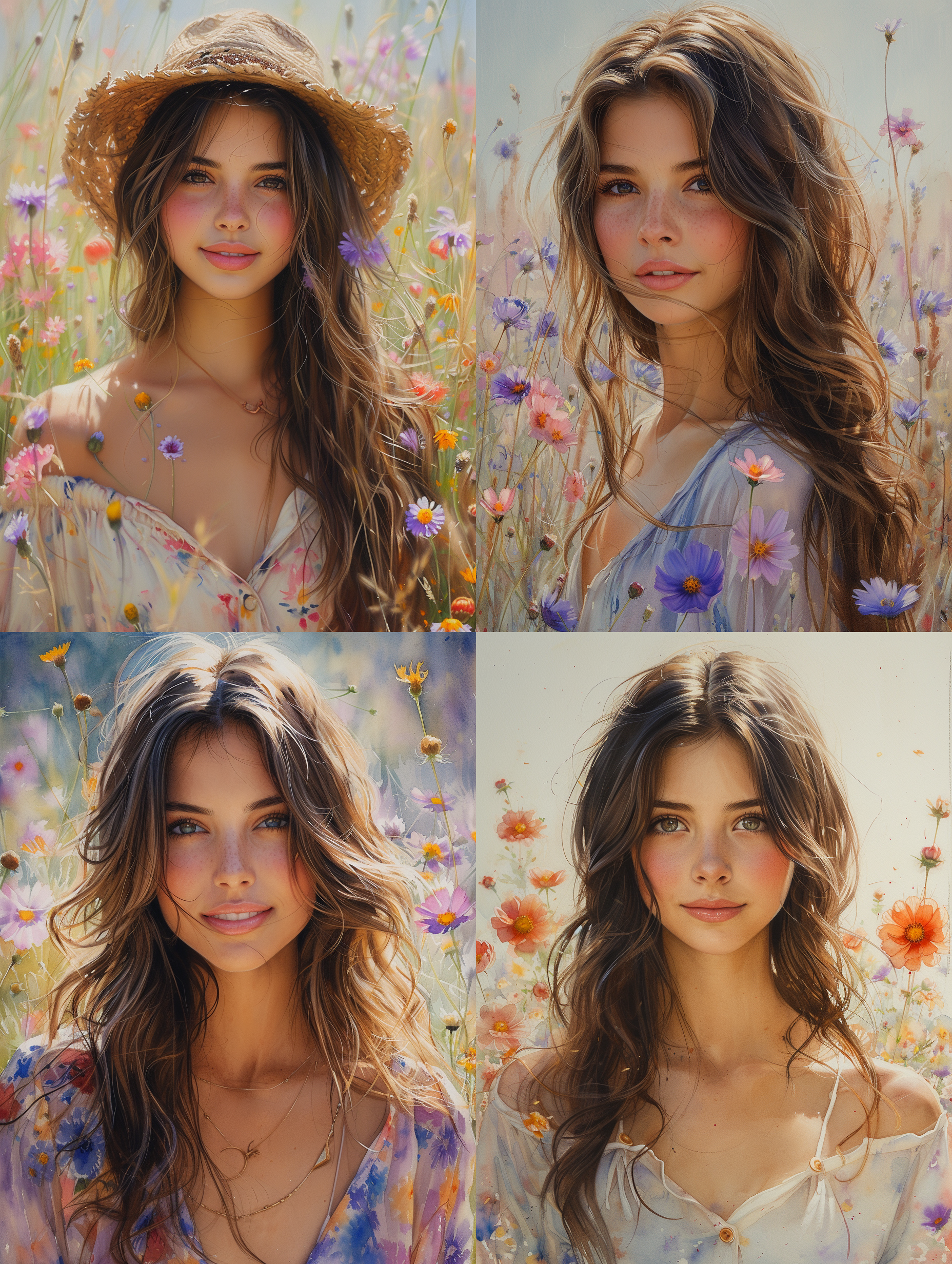 水彩画，长头发女孩肖像，背景8朵鲜花，超清原创，柔和色调，细节丰富，前景模糊，浅景深，自然光线，微笑，温暖，轻盈，生动