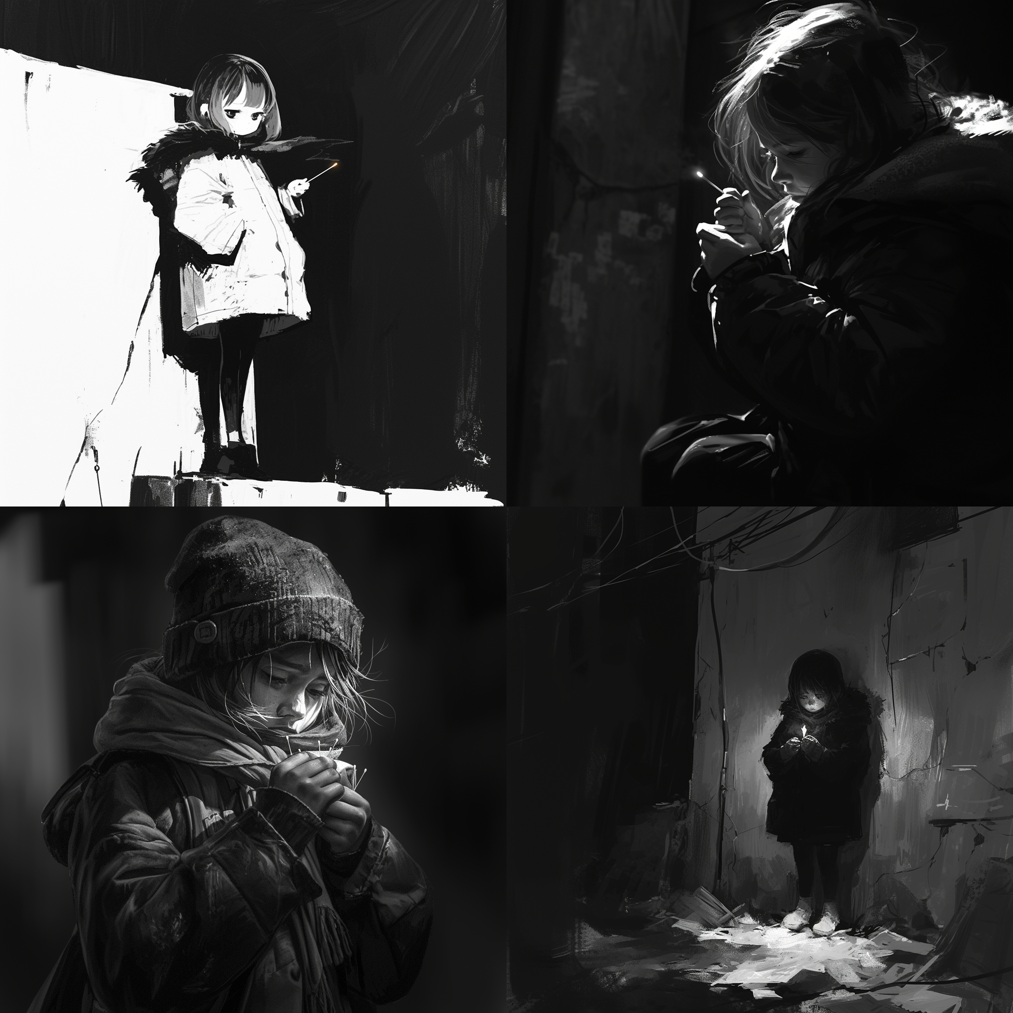 卖火柴的小女孩，寒冷的冬夜，狭窄的街道上。小女孩穿着破旧的衣服，手里拿着火柴，脸上透露出无尽的孤独和渴望。黑白照片，高对比度，近景特写，柔光，静态，悲伤。