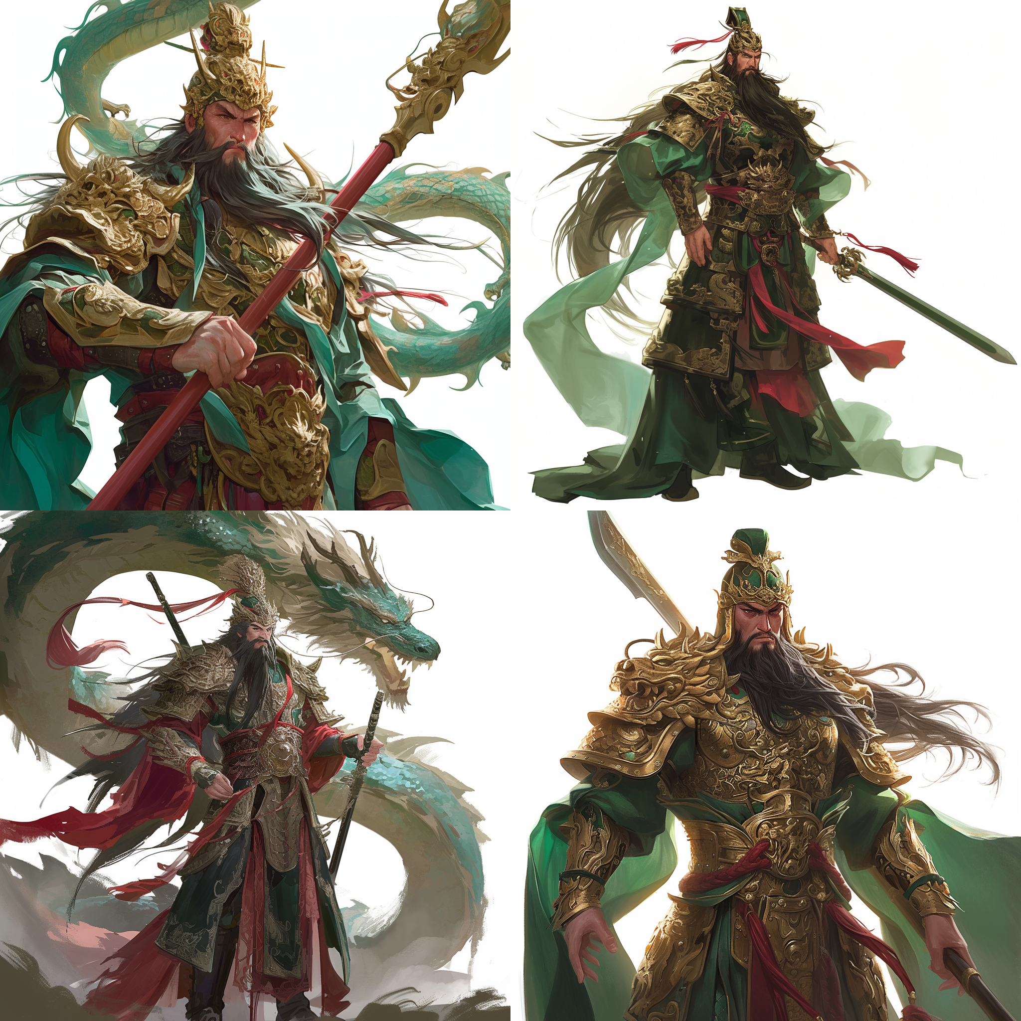 关羽全身画像，白色背景，正面直视镜头。关羽身着传统战袍，手握青龙偃月刀，目光坚定。高清晰度，明亮白色背景，透射光线，中焦镜头，自然光，细节丰富，饱满的红色，威严，力量，决心。