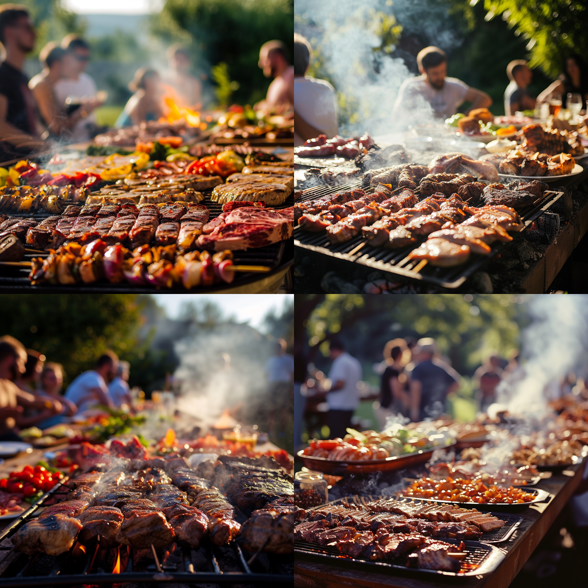 烧烤盛宴，丰盛的食物摆满长桌，整齐排列。背景是户外烧烤场景，烟雾缭绕，炭火熊熊。食物上色泽鲜艳，肉质香嫩多汁，冒着蒸汽。人们围坐在桌旁，笑容满面，享受美味。照片采用饱和度高的鲜明色彩，透视构图，广角镜头，自然光线，凝固的动作，诱人。