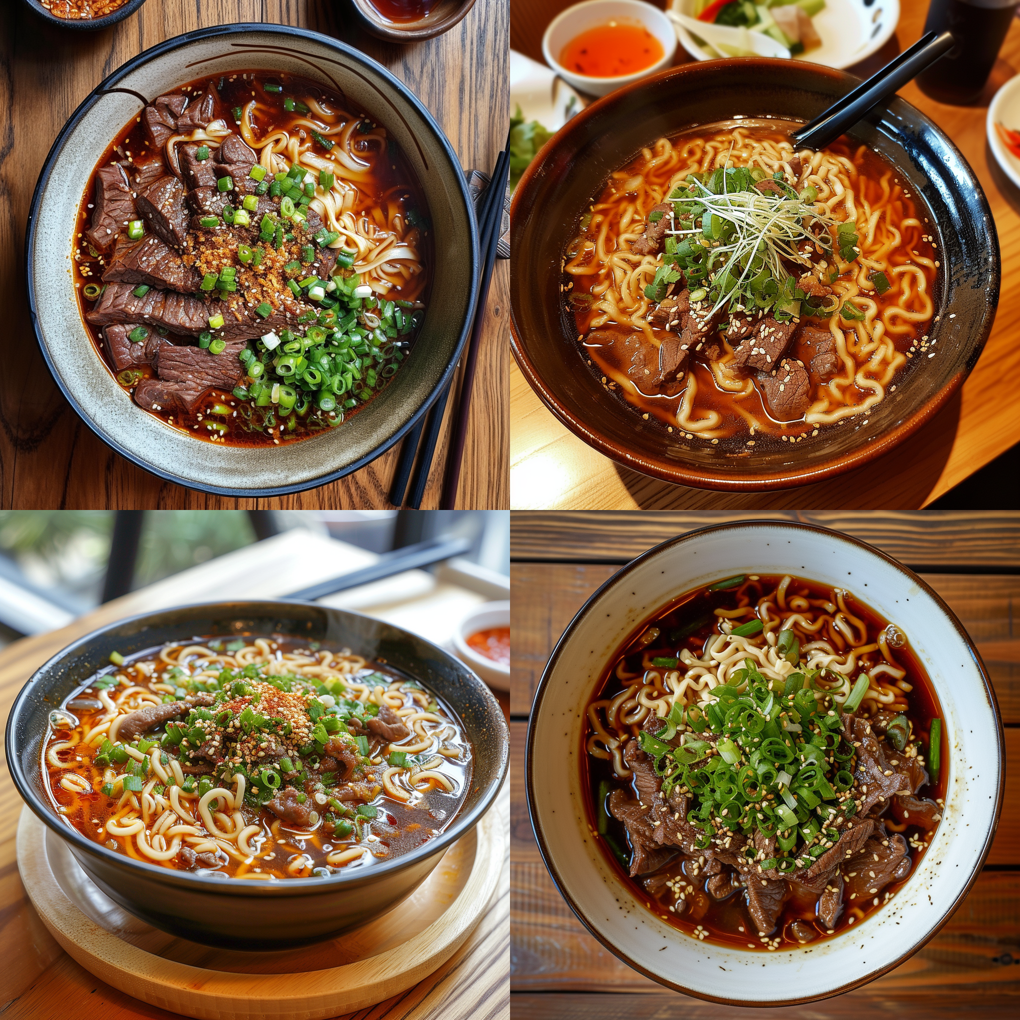 牛肉面，正中布局，鸟瞰视角，明亮透光，木质桌面，热腾腾的汤面，细节清晰，浓郁色彩，食欲诱人，温馨。