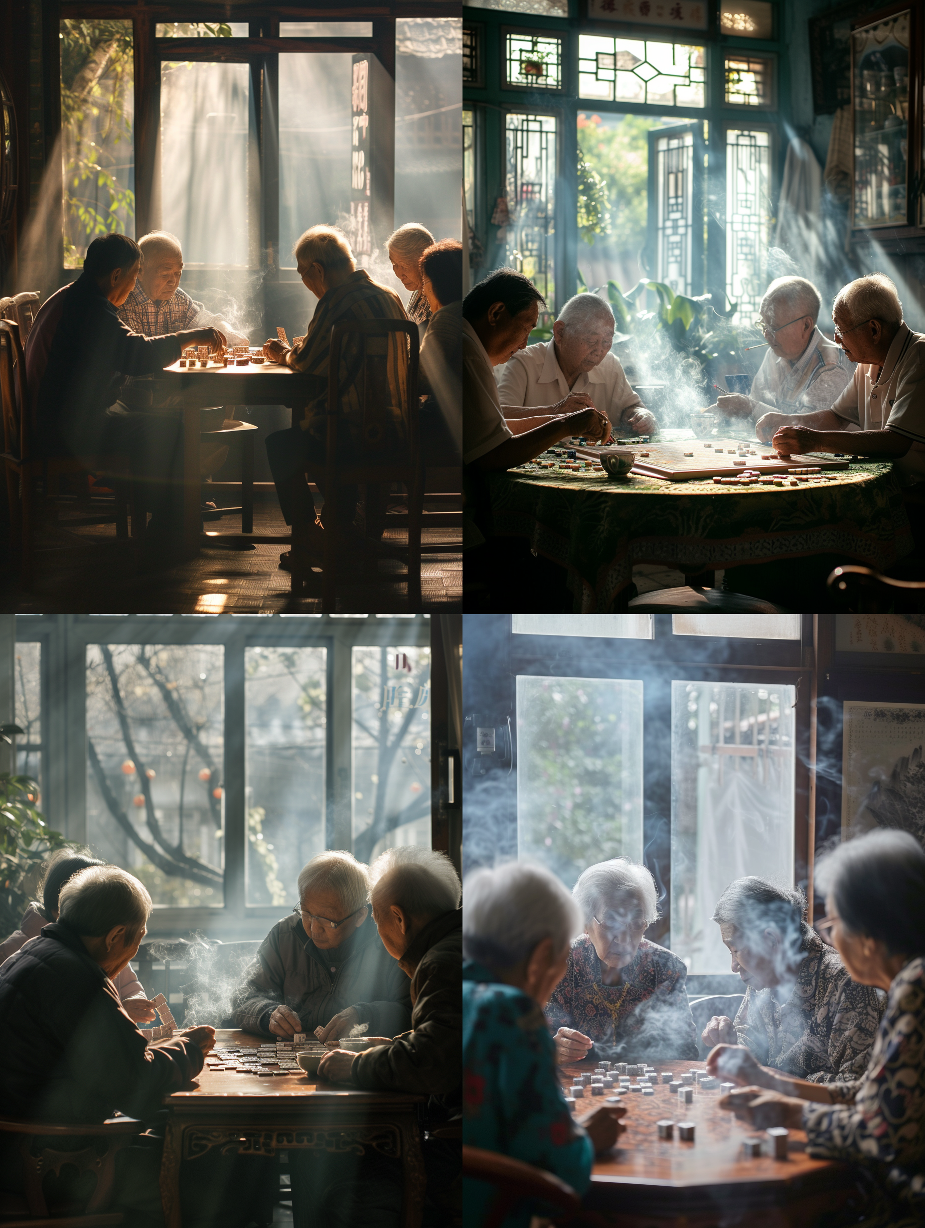 四个老人一起玩麻将，屋子里烟幕弥漫，人影憧憧，破旧的家具，低饱和度照片，阳光从窗子照射进来，桌面的反光映照在老人的脸上，有的人抽烟，有的旁边放一杯茶，双重曝光，怀旧风格 电影风格 丁达尔效应 电影灯光 斑驳光线 梦幻灯光 环境光 麻将 王家卫 吴宇森 电影风格 丁达尔效应 电影灯光 斑驳光线 梦幻灯光 环境光 麻将 王家卫 吴宇森 电影风格 丁达尔效应 电影灯光 斑驳光线 梦幻灯光 环境光 麻将 王家卫 吴宇森