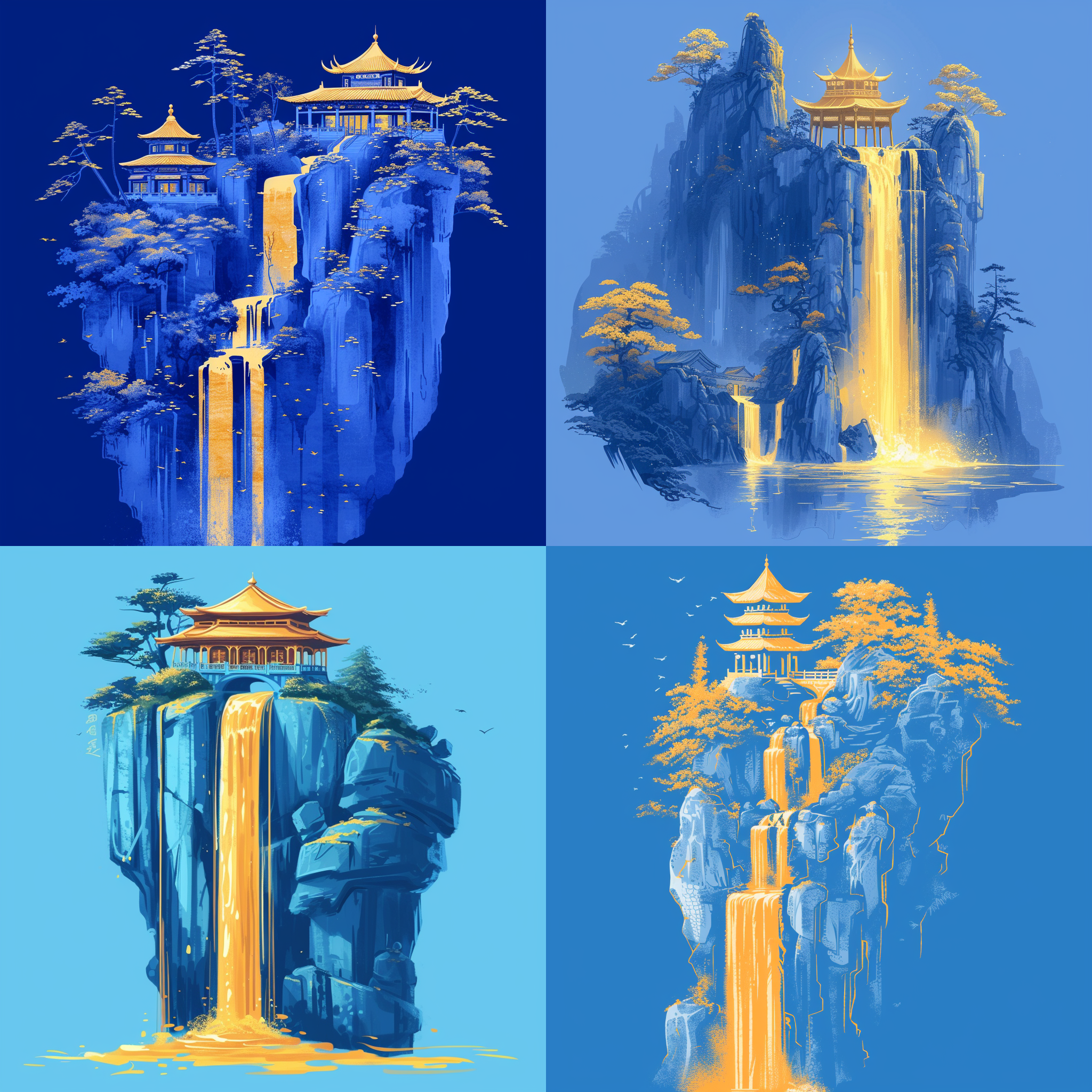 蓝色的小龙塔瀑布。金蓝山脉。亭台楼阁与树木。金水流淌。最小的色域。写意的笔触。空白-留白技法。有机形式。简单的蓝色背景。