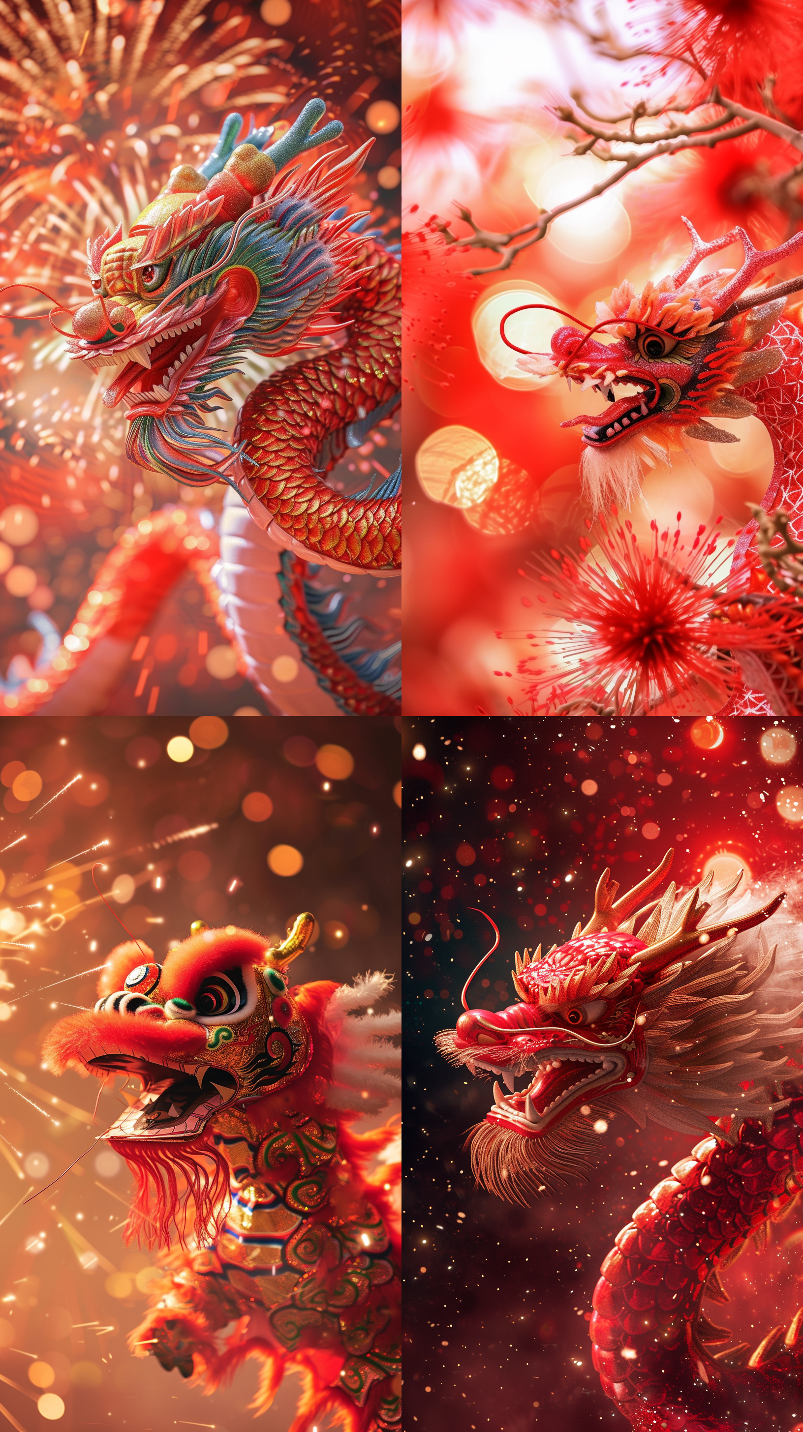 中国龙年，大红色，除夕夜欢乐喜庆的氛围，中国画风的龙，毛笔画，烟花，斜视角，绚丽色彩，室外拍摄，长焦镜头，迎春花，喜庆舞蹈，炫目光芒，喜悦。