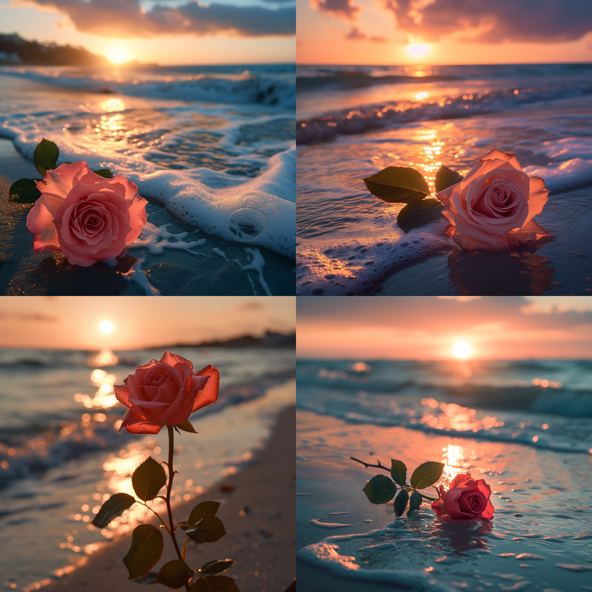 落日下，海边玫瑰盛开。照片构图以玫瑰花为中心，周围是绵延的沙滩和湛蓝的海水。透过广角镜头，海浪形成一道弧线，与玫瑰花呼应。光线柔和而温暖，照亮了玫瑰的粉色和红色。照片传达出宁静、美丽和浪漫的情感。 海边，落日，玫瑰花，广角镜头，光线，颜色，宁静，美丽，浪漫。