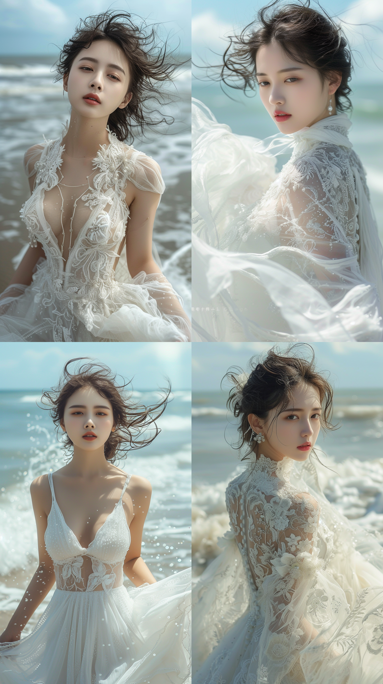 摄影成像，白色婚纱，中国美女，海滩背景