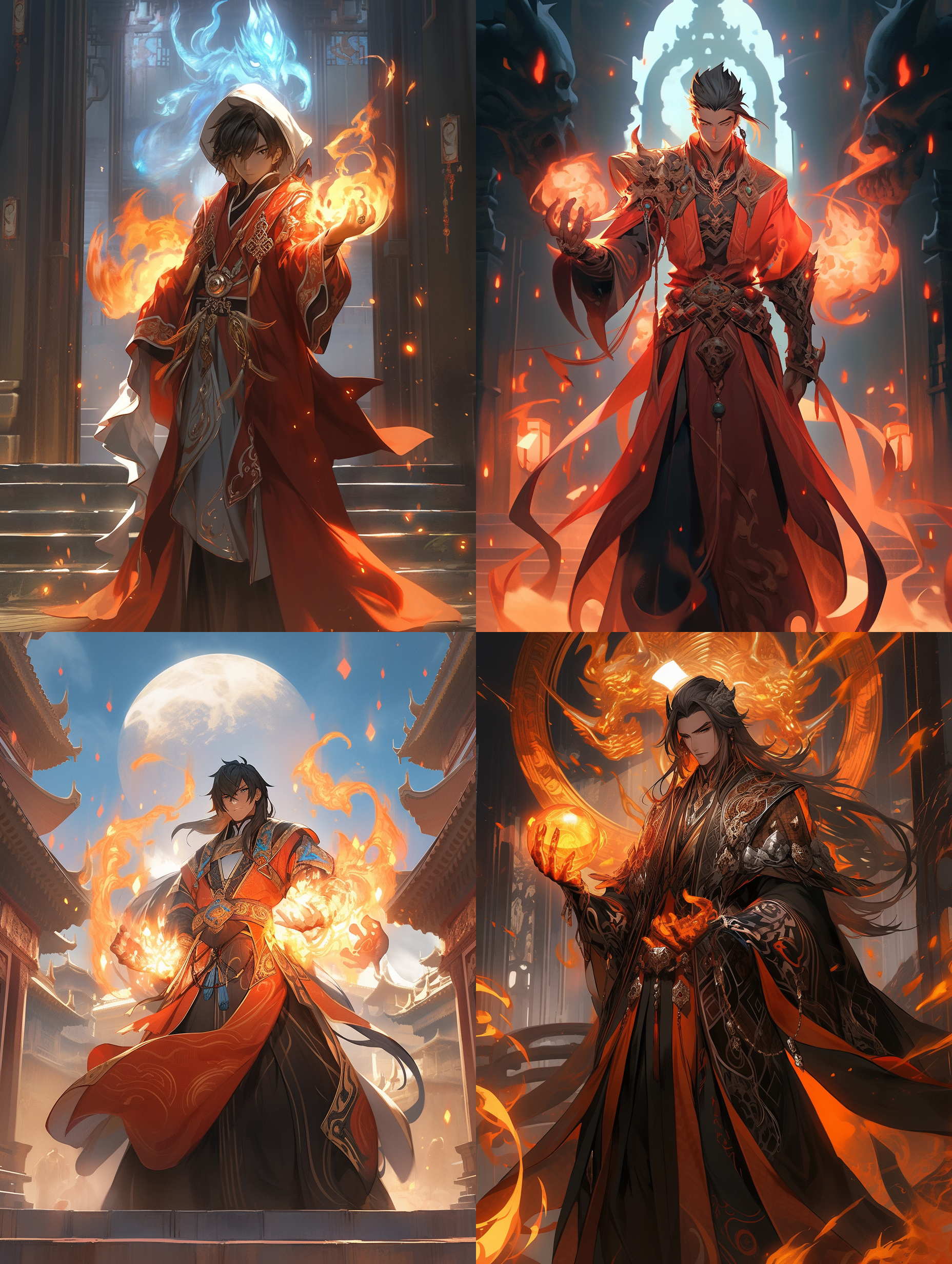一个正面视角的亚洲术士，穿着帅气站在帝国的时空门前，手上操纵着火焰，目光坚定，看向前方