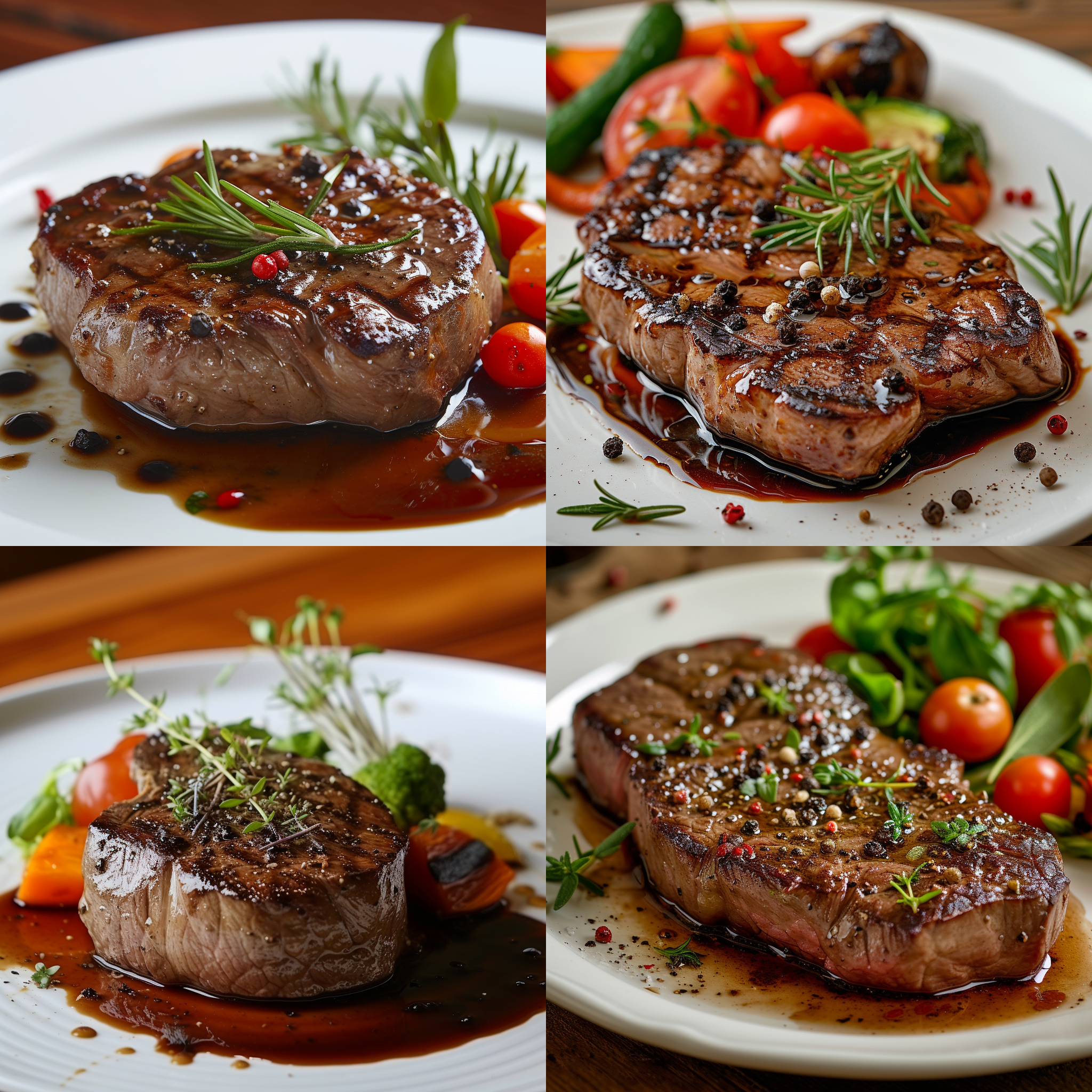 一盘美味诱人的牛排，精心烹饪的外表充满诱惑力。牛排位于白色瓷盘上，周围摆放着新鲜的蔬菜和香草。背景是一张精致的木质餐桌。牛排上面覆盖着一层薄薄的黑胡椒酱，肉质鲜嫩多汁。整个画面的色调温暖而富有质感。 诱人的牛排，诱惑，精致，烹饪，诱人，外观，白色瓷盘，新鲜蔬菜，香草，木质餐桌，黑胡椒酱，肉质，鲜嫩多汁，色调温暖，质感。