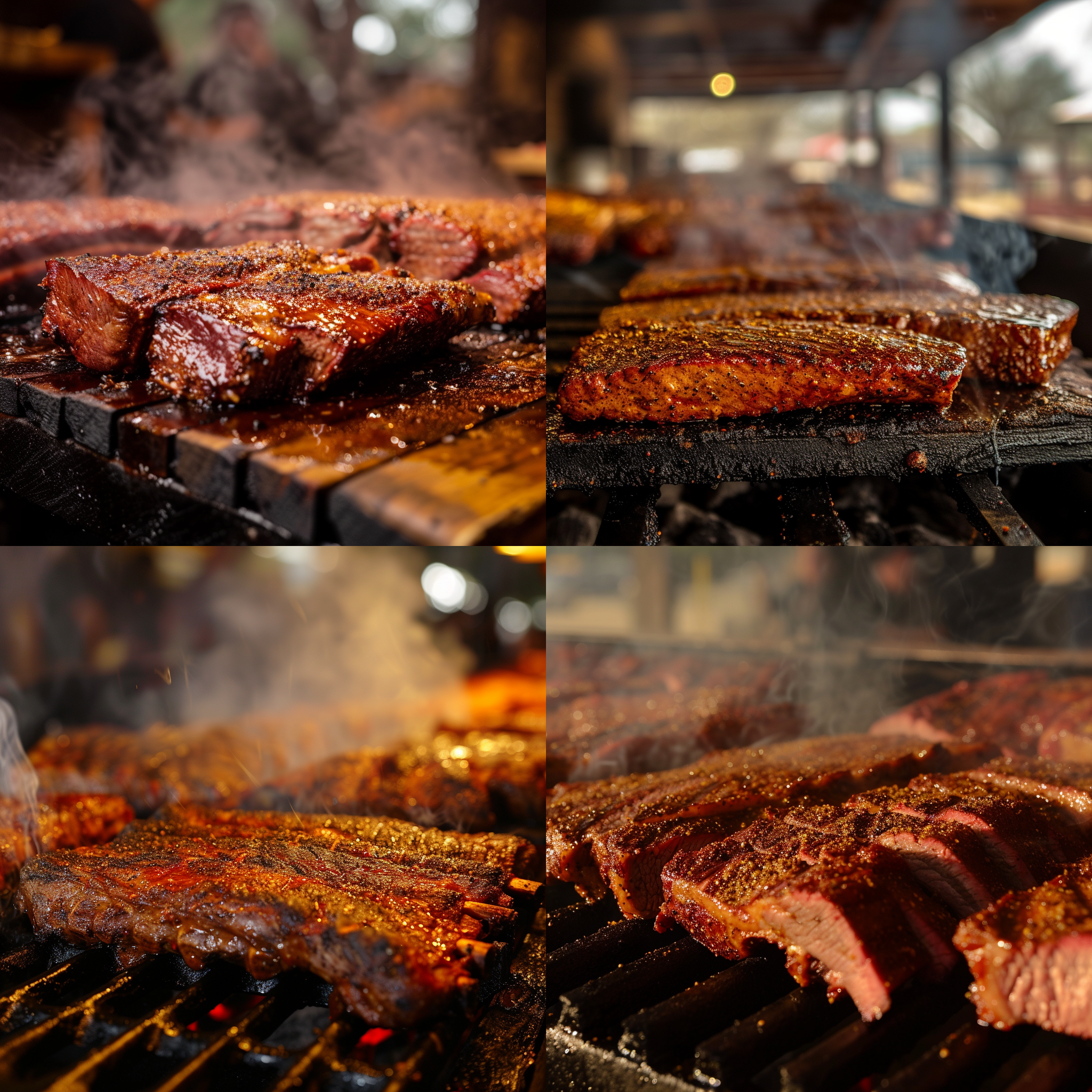 在一张照片中展现美味诱人的德克萨斯烧烤，画面集中在一个烤肉上。烤肉金黄诱人，肉质鲜嫩多汁，撒满了香料和调味料，烟雾缭绕。背景是一个户外用餐区，有舒适的座椅和桌子。整个画面充满了食欲和诱惑。烤肉，美味，德克萨斯烧烤，金黄，鲜嫩，多汁，香料，调味料，烟雾，户外用餐区，舒适，食欲，诱惑。