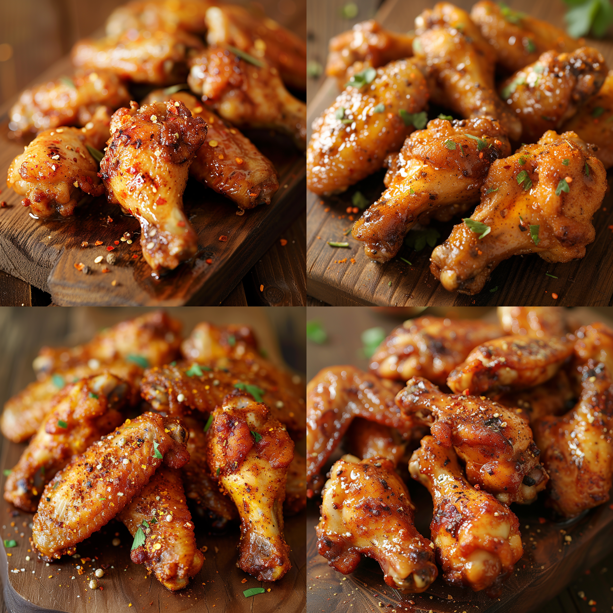 美味诱人炸鸡翅，排列整齐，浅景深，木质背景，微距拍摄，金黄色外皮，香气扑鼻，油脂光泽，炸鸡翅上撒满了香料，唇齿留香，食欲盎然。