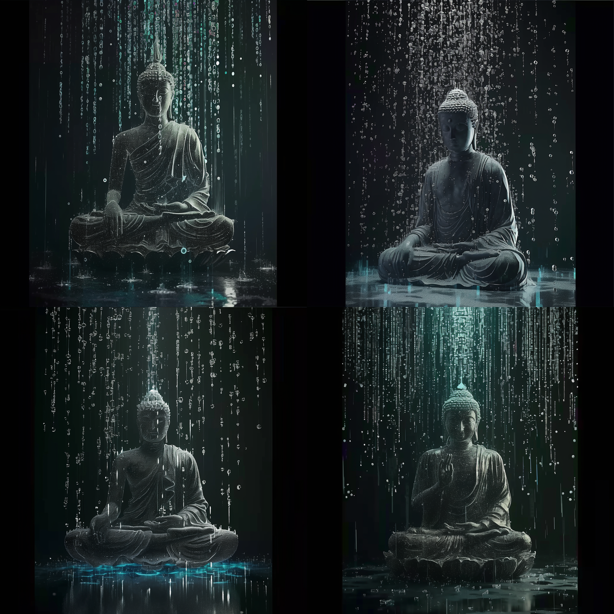 代码雨，颗粒形成佛像形状，对角线布局，低饱和度，黑暗背景，标准镜头，静态，神秘，冷色调，沉思。