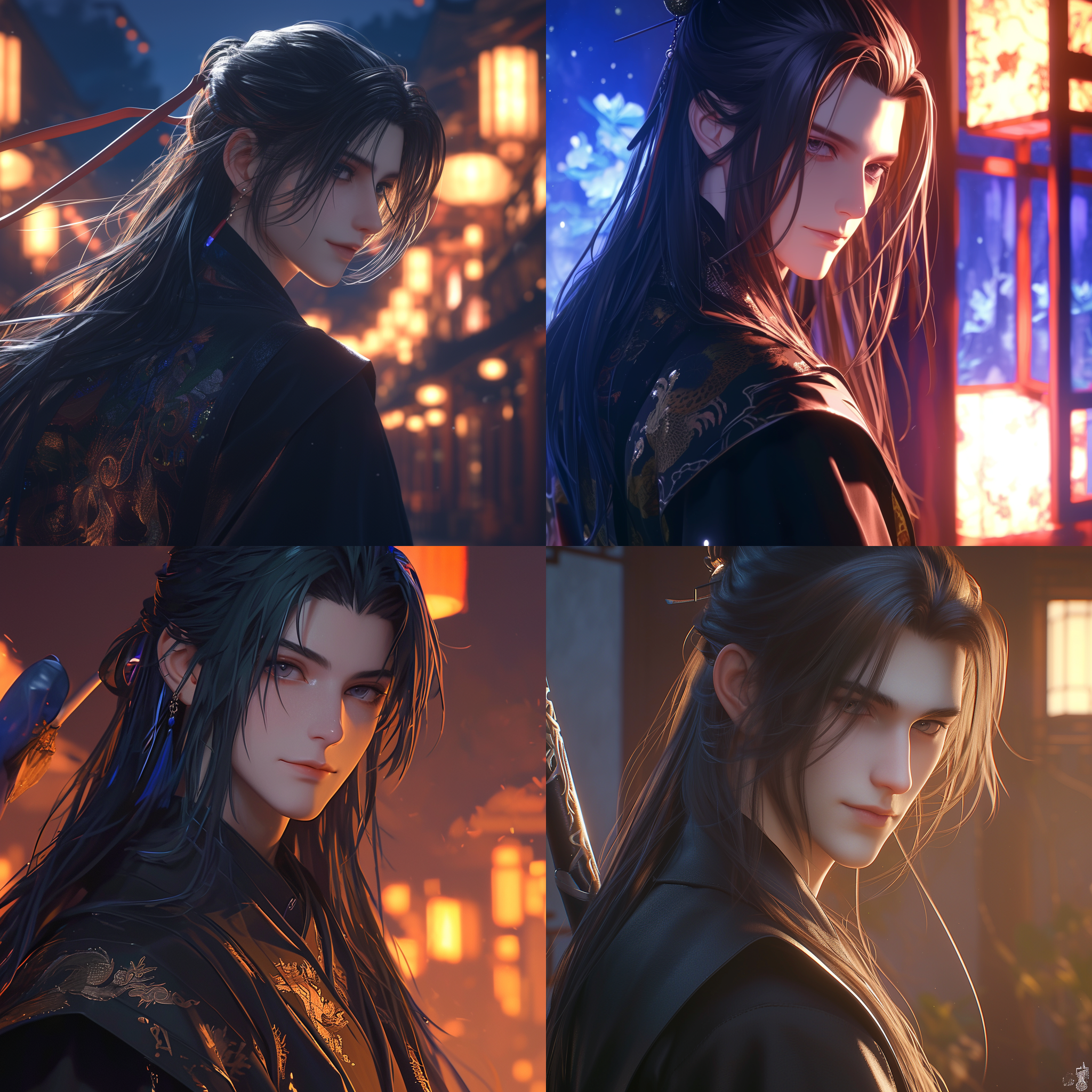 回头看镜头的中国帅气少年，四分之三视角，面向镜头，侧视图，特写镜头，微笑，黑色长发，黑色汉服，唐装，背景虚化，夜景光，顶光，侧光，3d，中国风插画，c4d，oc渲染，未来主义风格，ar9:16，niji5