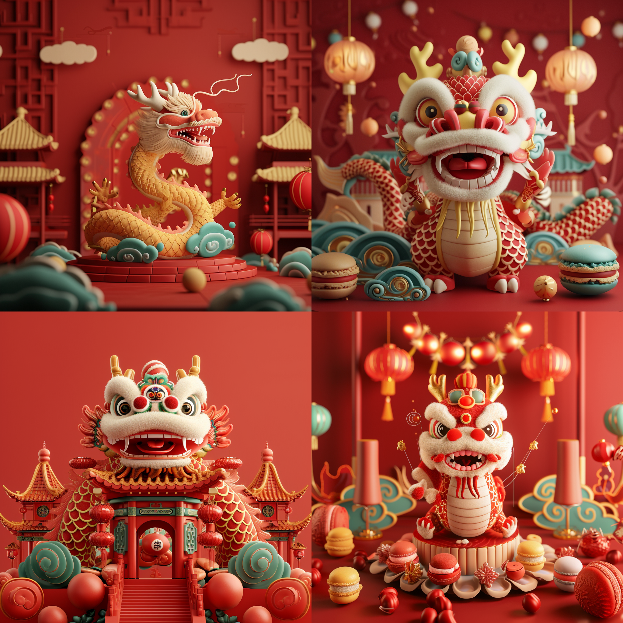 中国龙，可爱，3d，红色背景，传统装饰元素，毛毡风格，马卡龙色调，广角拍摄，摄影机前的中国建筑，新年节日背景，高细节，最佳质量，电影般的照明效果，8k。
