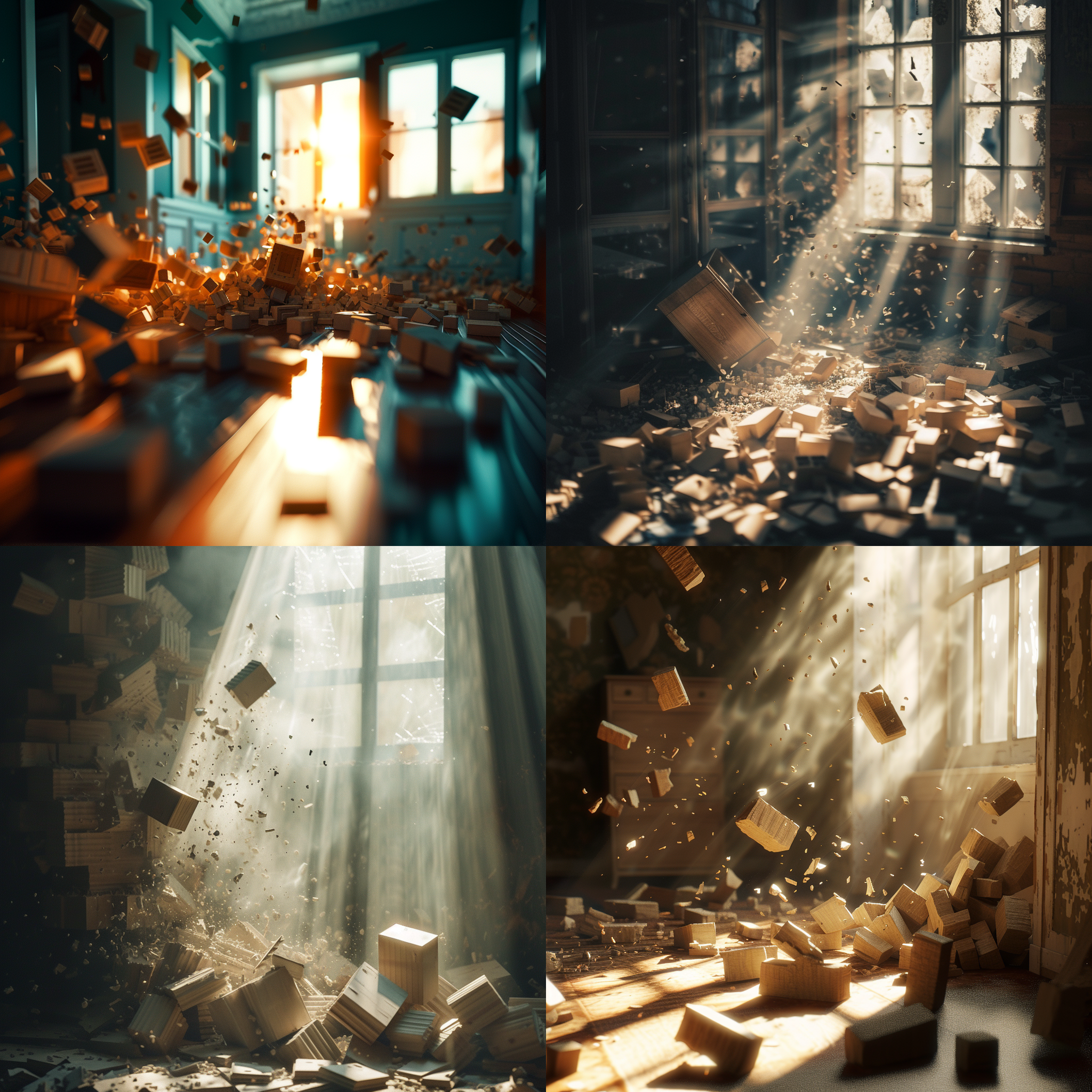 高对比度，模糊效果，积木散落一地，阳光透过窗户洒在桌面上，创造出房子倒塌的动态感，给人一种混乱和失落的情绪。