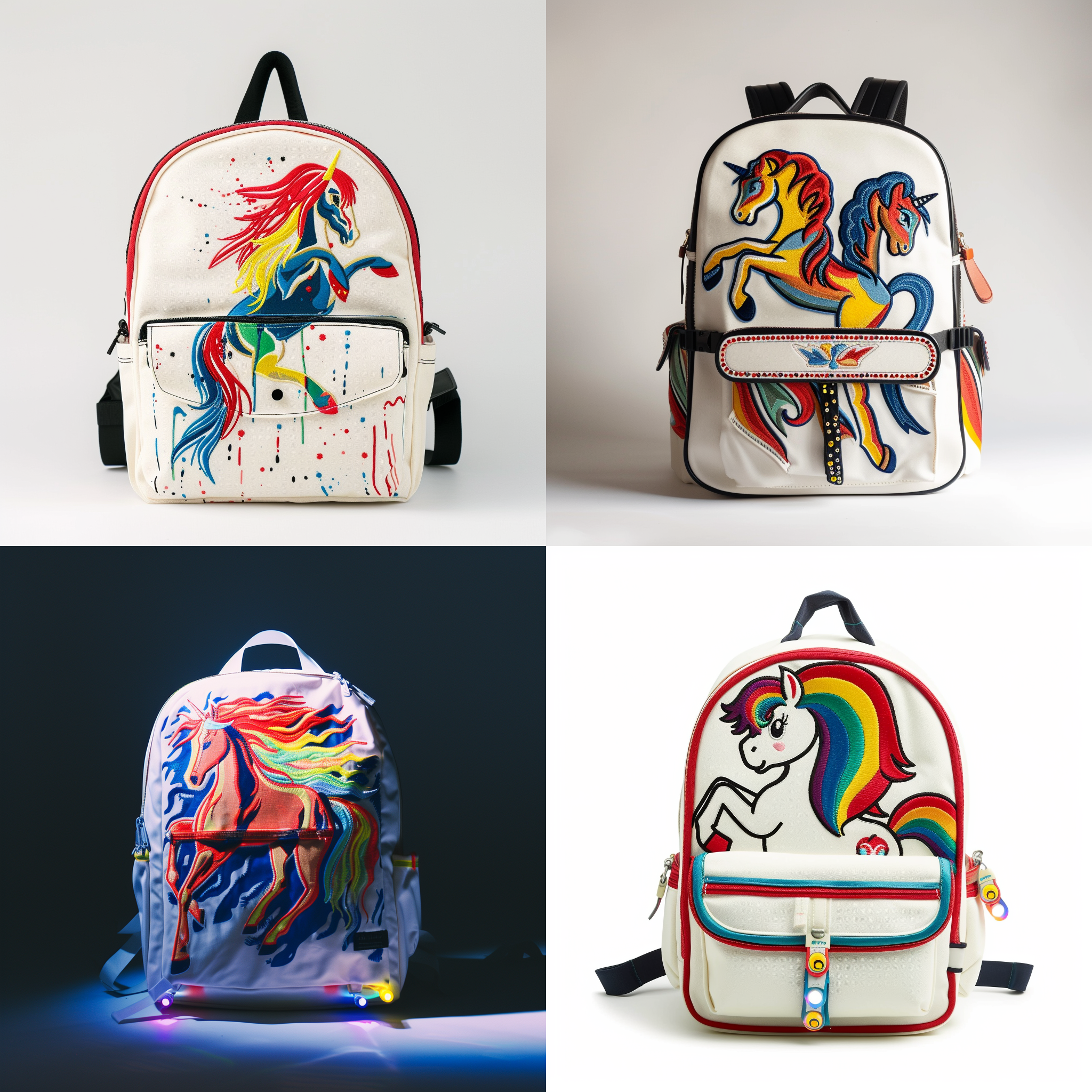 hard-wearing, stain-resistant oxford fabric backpack with a computer-embroidered, soft-to-the-touch, multicolored jumping pony on the front. small pockets on the back for organized storage. breathable mesh shoulder straps and back padding. main color is white, complemented by the vibrant multicolored pony design. led lights installed on the front and back of the backpack can be switched on or off. view from a top-down perspective showing the internal organized storage design."