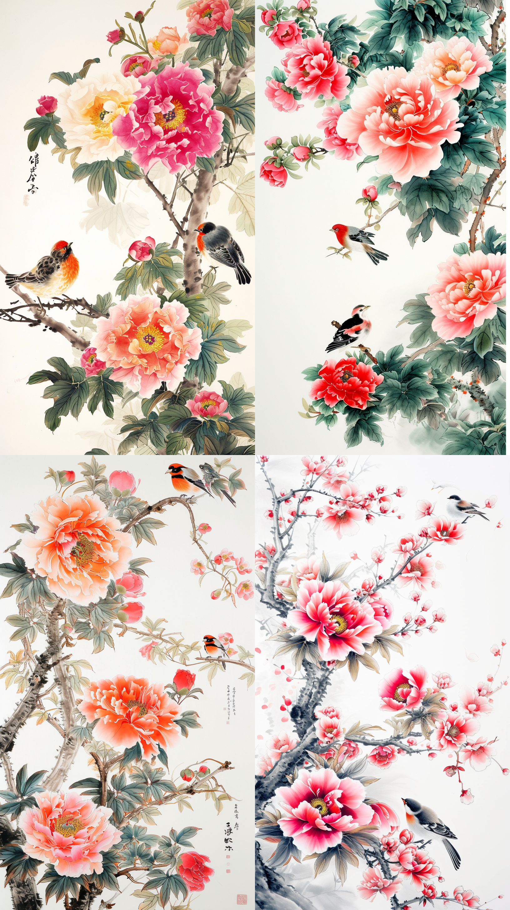 各式各样的牡丹花，两只小鸟，白色背景，构图简单明亮，有留白，中国风水彩画