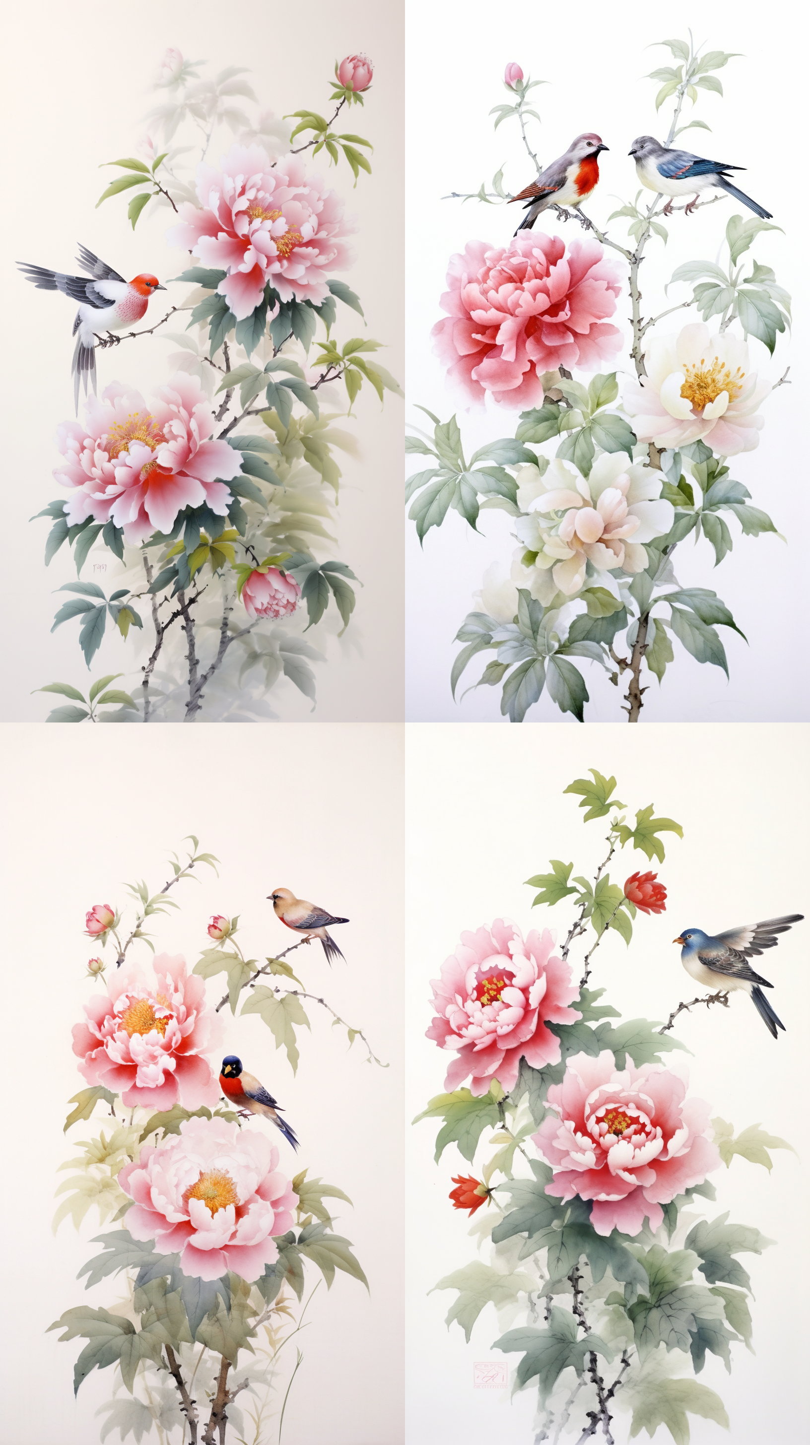 各式各样的牡丹花，两只小鸟，白色背景，构图简单明亮，有留白，中国风水彩画