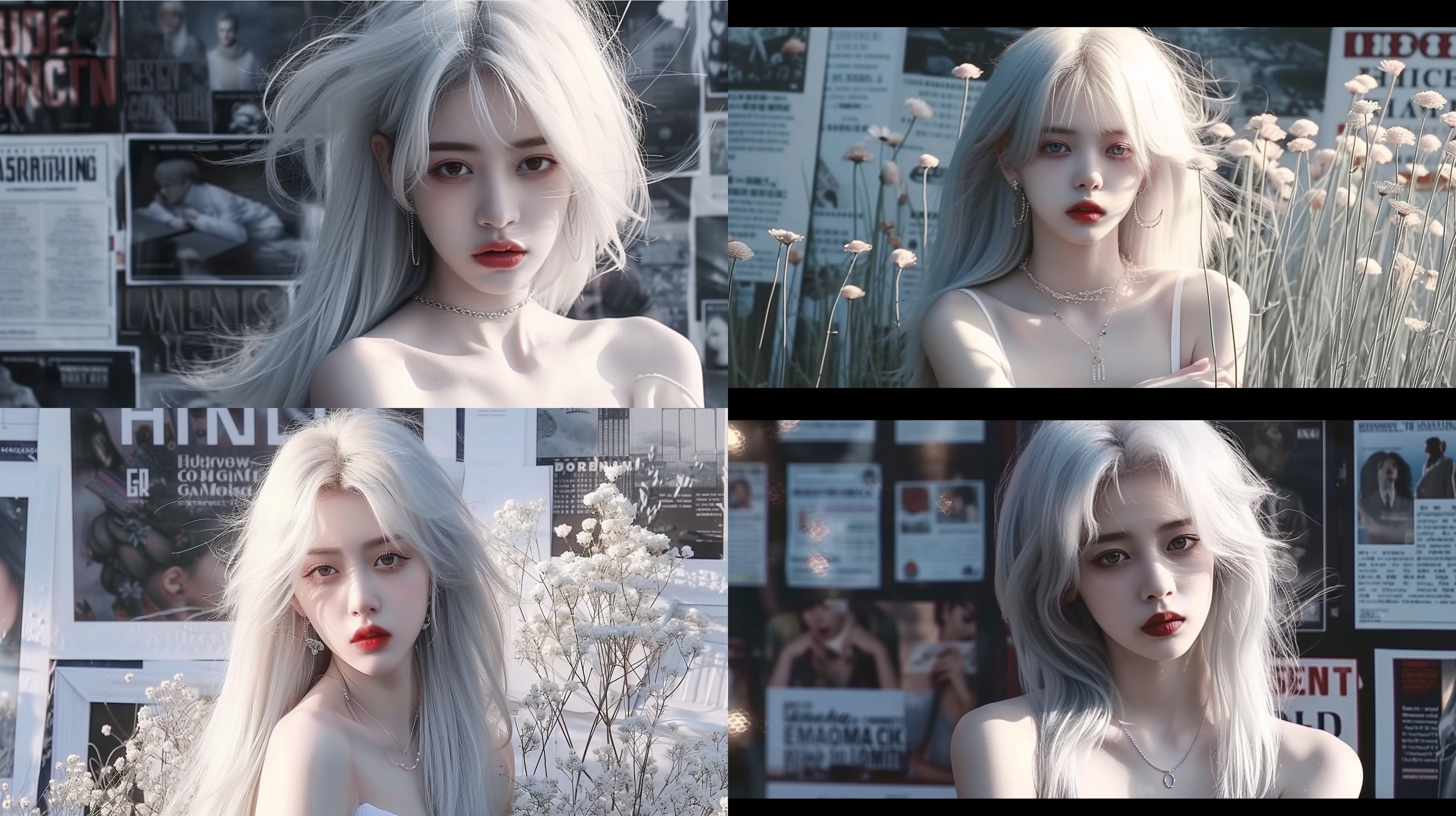 prompt. 银发女生，海报背景，高级感，侧对角布局，冷色调，中焦镜头，柔和侧光，自然动作，优雅，可爱。