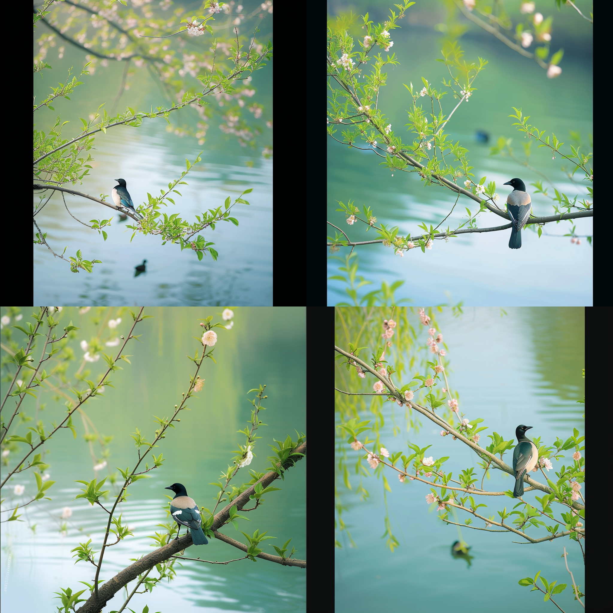 春天湖边，一只喜鹊站在柳树上，湖水清澈见底，鸭子在水面上游荡，桃花绽放，新发芽的柳树绿意盎然。近距离摄影展现细节，高清画质，聚焦清晰，大气的自然风光。