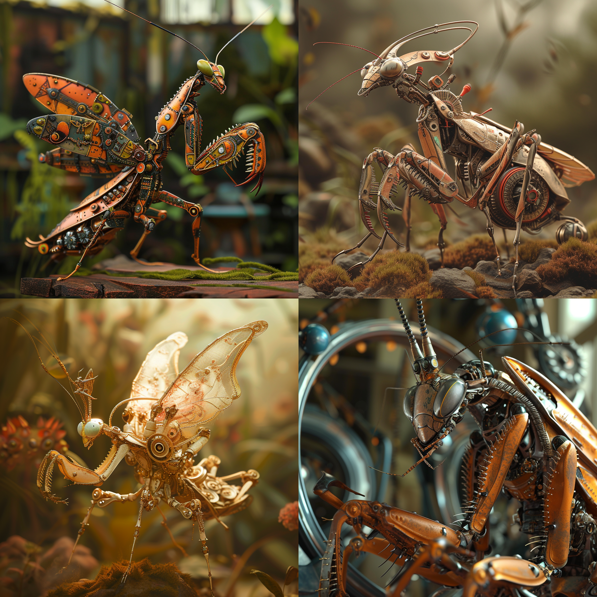 prompt. 精美机器螳螂，中心构图，高清，高饱和度，微距镜头，暖色调，自然光，静态姿势。
