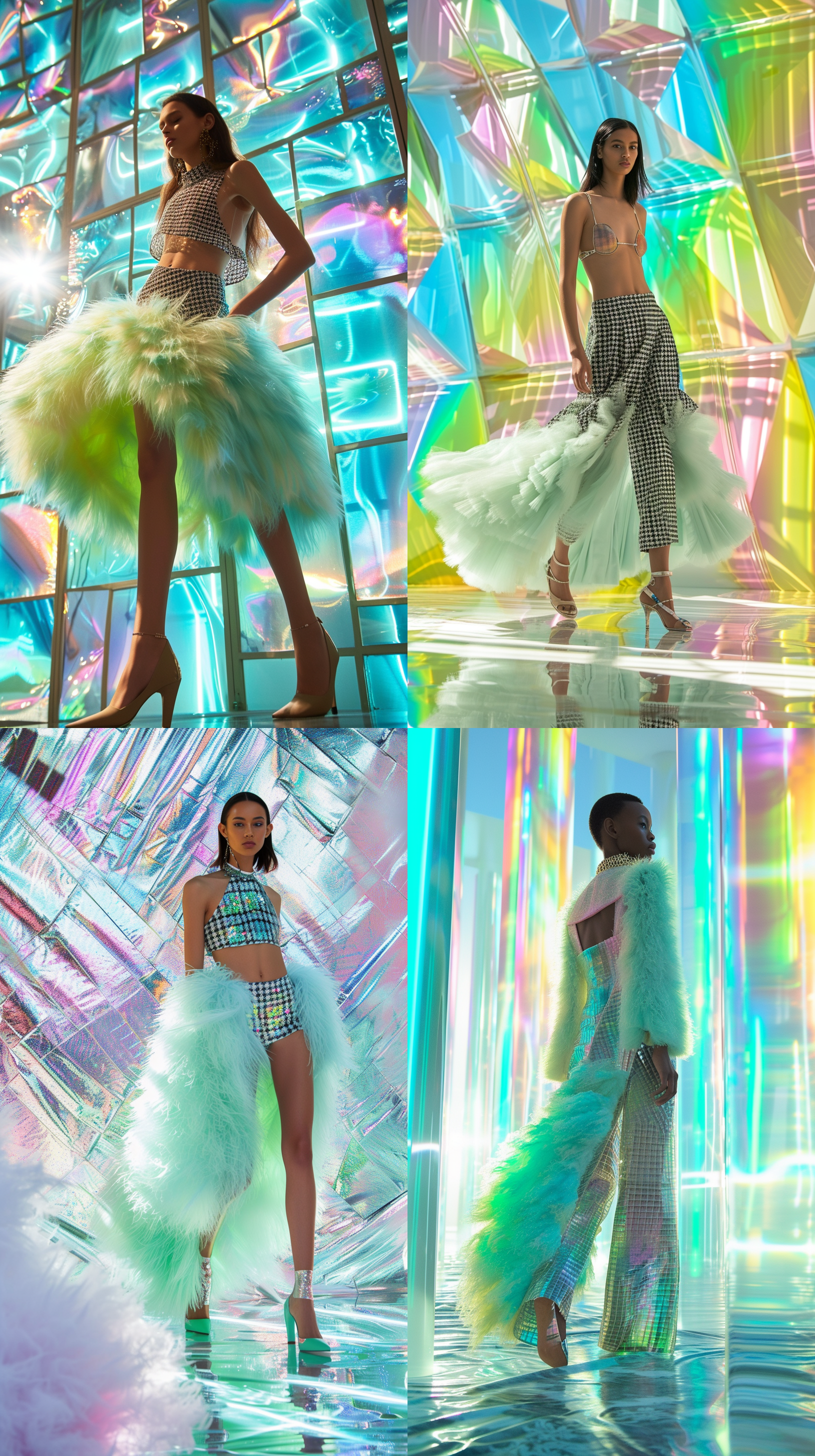 pueto rican model, walking on a runway made of pastel shiny glass, fashion luxury pastel fuzzy, furry, dress, models abs are showing, long pastel blue and green houndstooth skirt, cinematic, shiny glowing pastel stained galss windows in a modern style, art deco