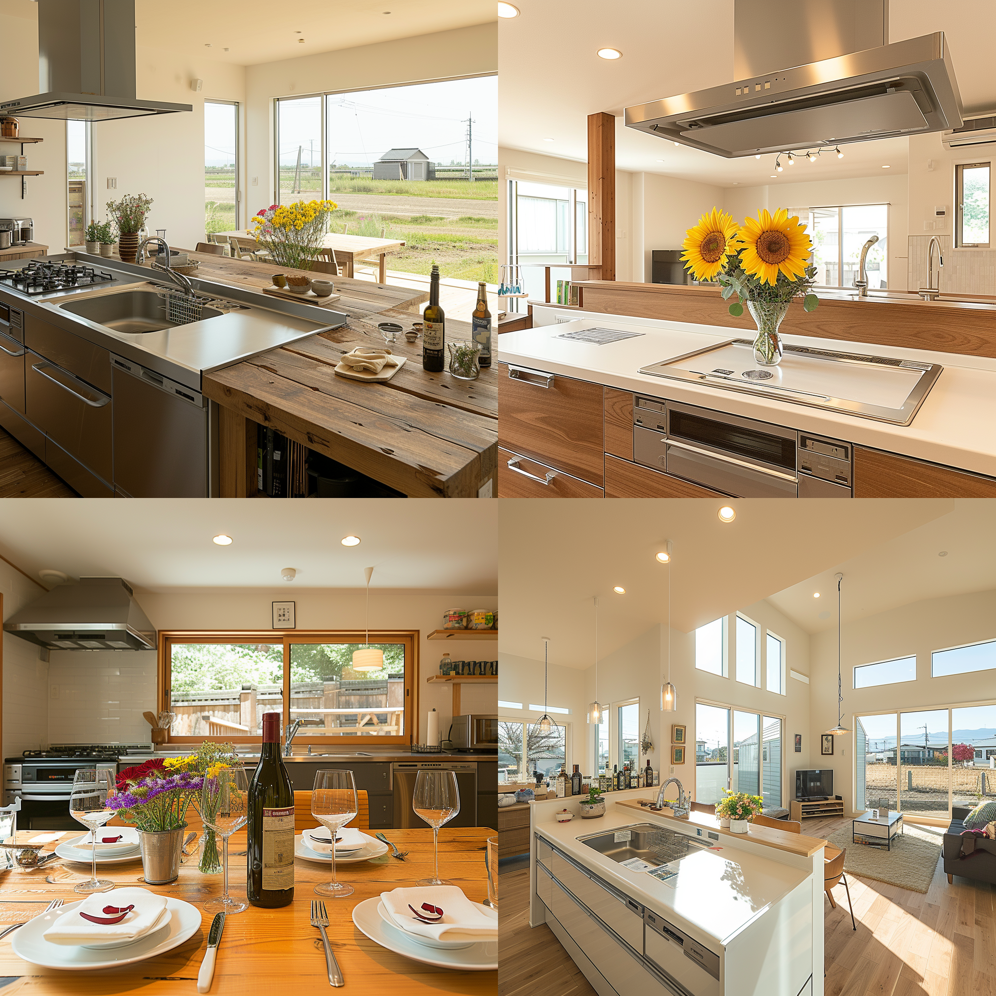 美式厨房，餐台、灶台和盥洗台构成对角线布局，色彩明亮干净，莱卡相机风格，餐台上摆放鲜花，给人温馨、治愈、安逸、舒服、亲切的感觉，广角拍摄，宽敞的空间，自然光照，家庭氛围，放松自在。