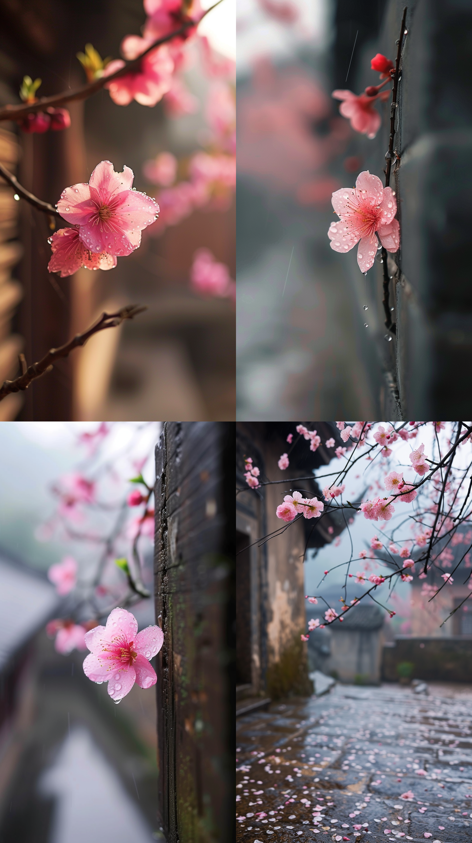 摄图图，近景为桃花从墙头探出，桃花花瓣上有露珠，江南风景，传统建筑，柔光，微距镜头，静态，细腻，自然色调，温馨。