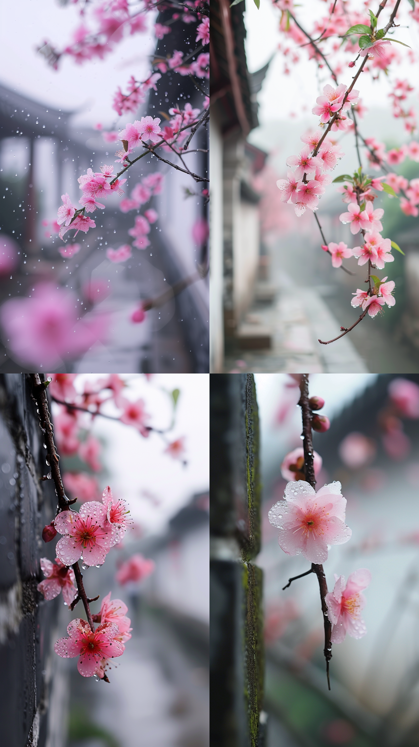 摄图图，近景为桃花从墙头探出，桃花花瓣上有露珠，江南风景，白墙黑瓦，徽派建筑风格。桃花，清晨，柔和光线，微风拂过，恬静，优雅，浪漫，花香弥漫，温暖，鲜艳，生机勃勃。