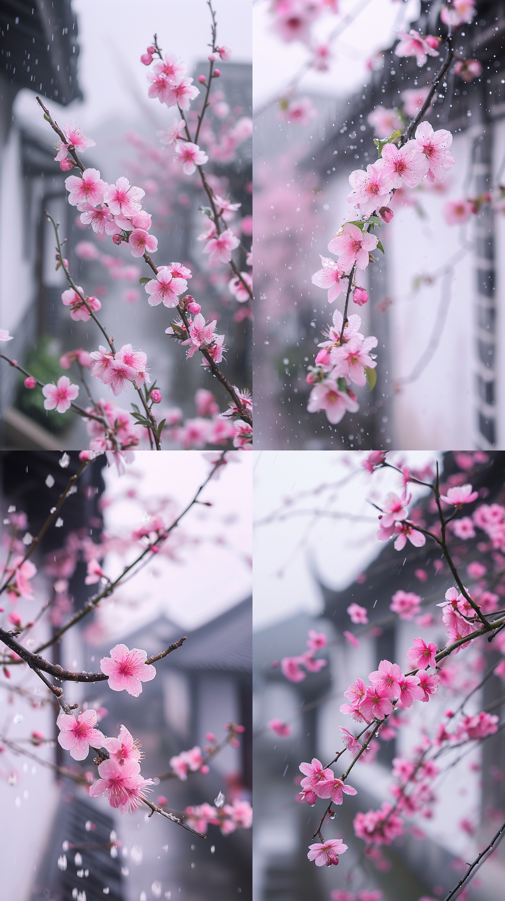 摄图图，近景为桃花从墙头探出，桃花花瓣上有露珠，江南风景，白墙黑瓦，徽派建筑风格。桃花，清晨，柔和光线，微风拂过，恬静，优雅，浪漫，花香弥漫，温暖，鲜艳，生机勃勃。