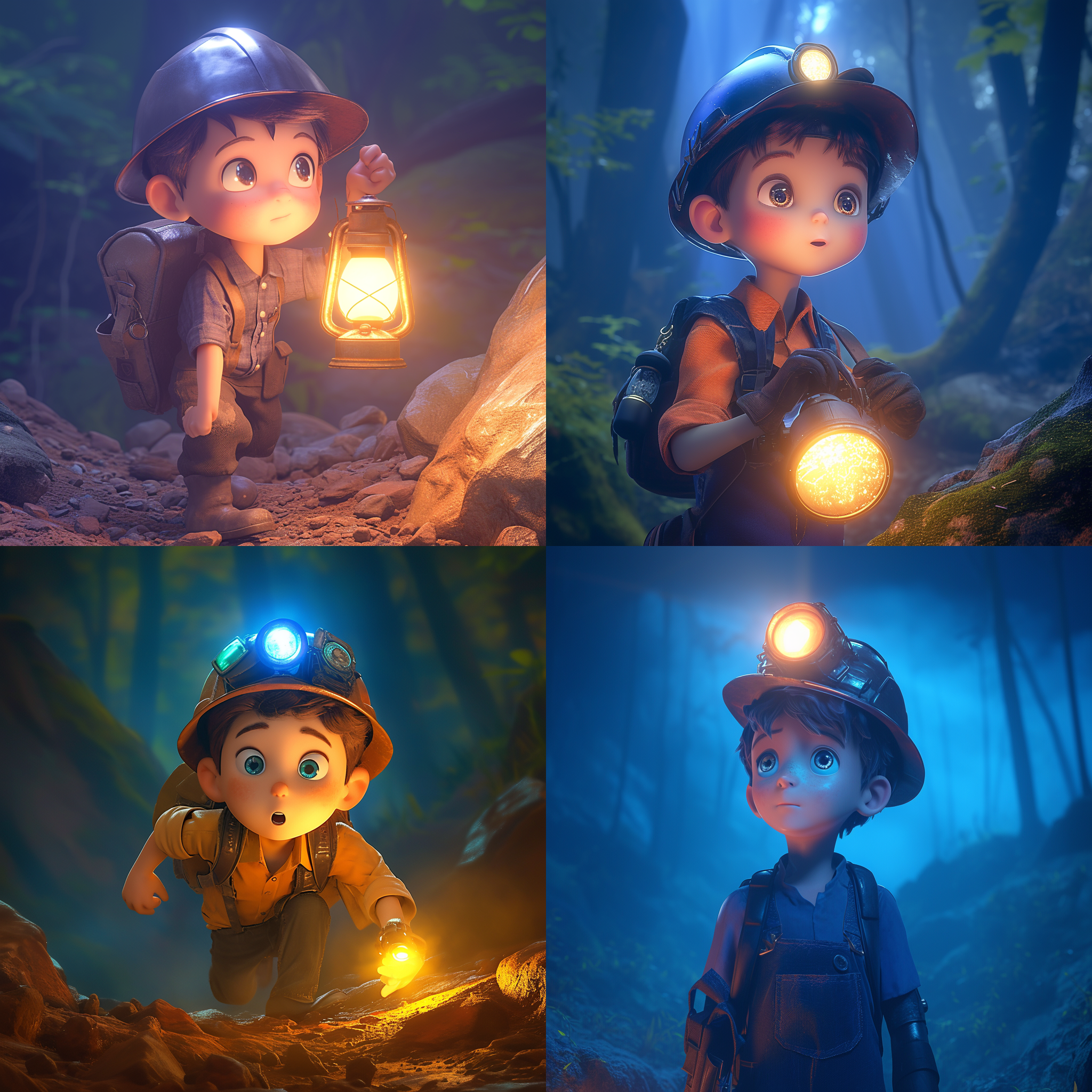 可爱男孩穿着矿工帽，身处森林深处的夜晚探险。动画灯光照亮了怪异氛围，全身可见。以3d视觉为基础，呈现出艺术般的效果，使用octane渲染器和pixar风格。通过光线追踪技术，展现出粘土材质的细腻感。这张8k-ar 9:16图片拥有强烈的视觉冲击力。