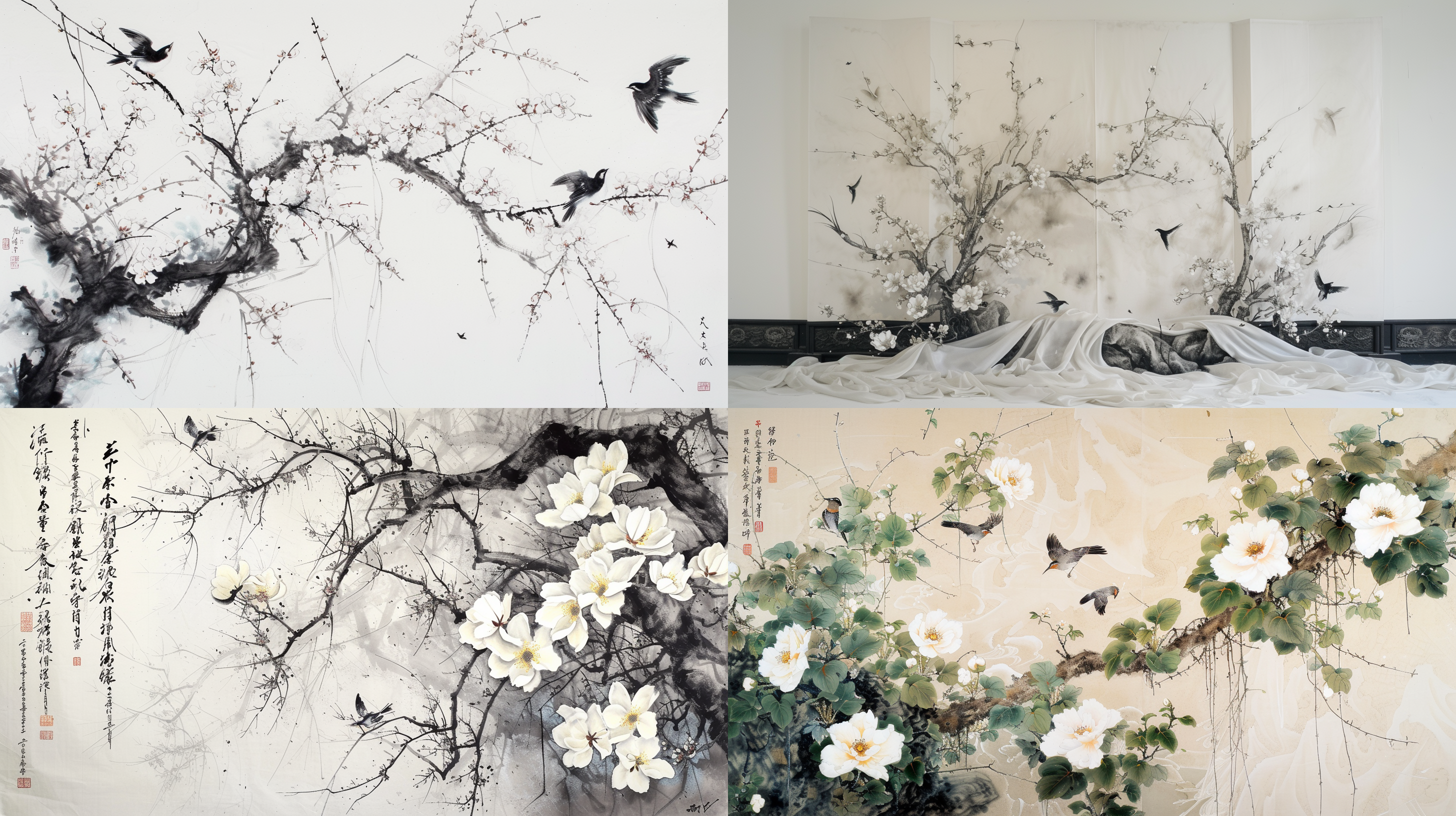 中国画，水墨画，获奖作品，一棵巨大的高大淡色藤蔓上生长着白色的花朵，周围是白色的丝绸，鸟儿，莫兰迪配色，唯美而对称的构图，齐白石