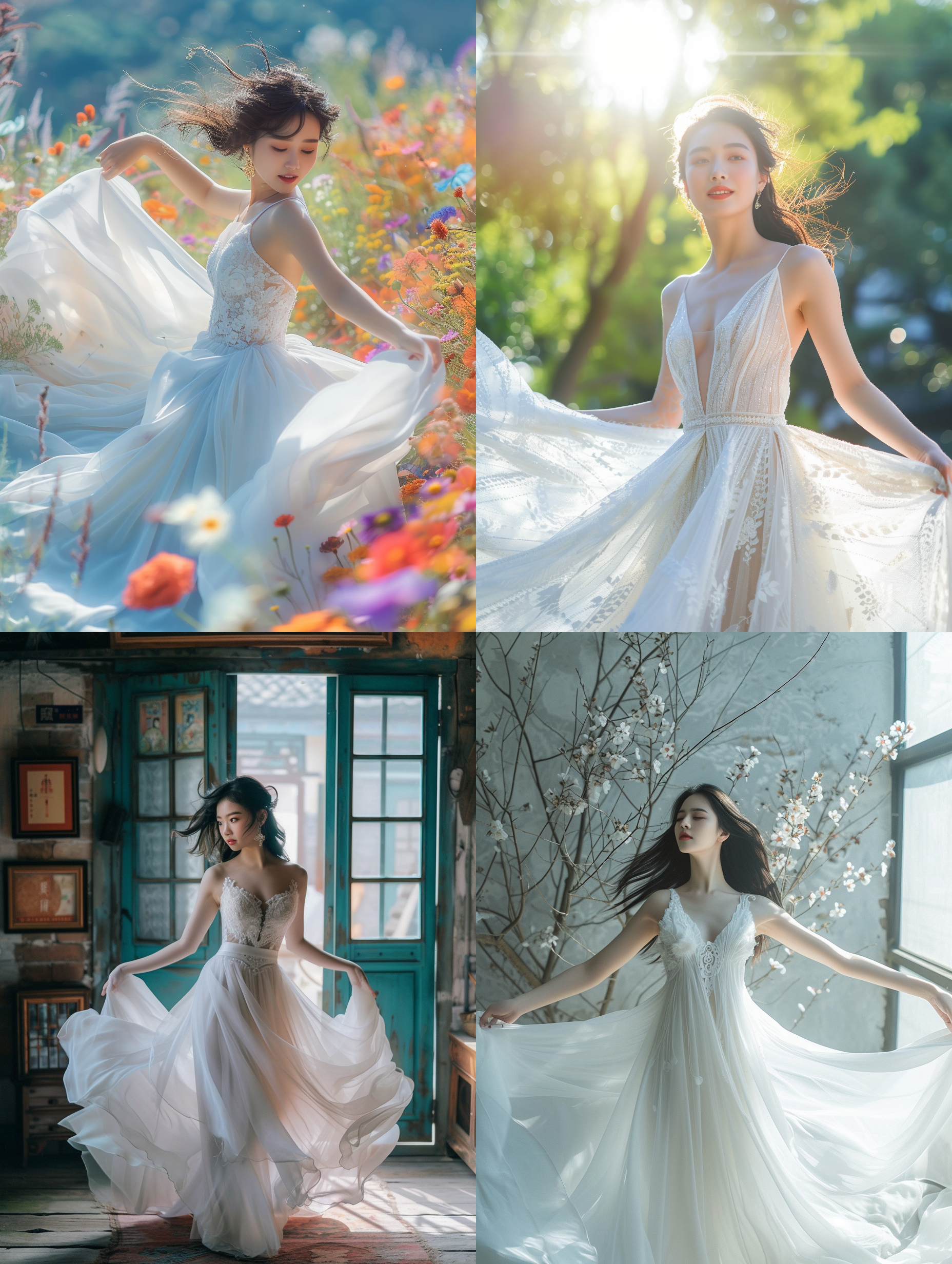 prompt. 中国新娘，白色婚纱，日本摄影风格，俏皮，happycore，异想天开的色调，自然光，全身拍摄，8k uhd。