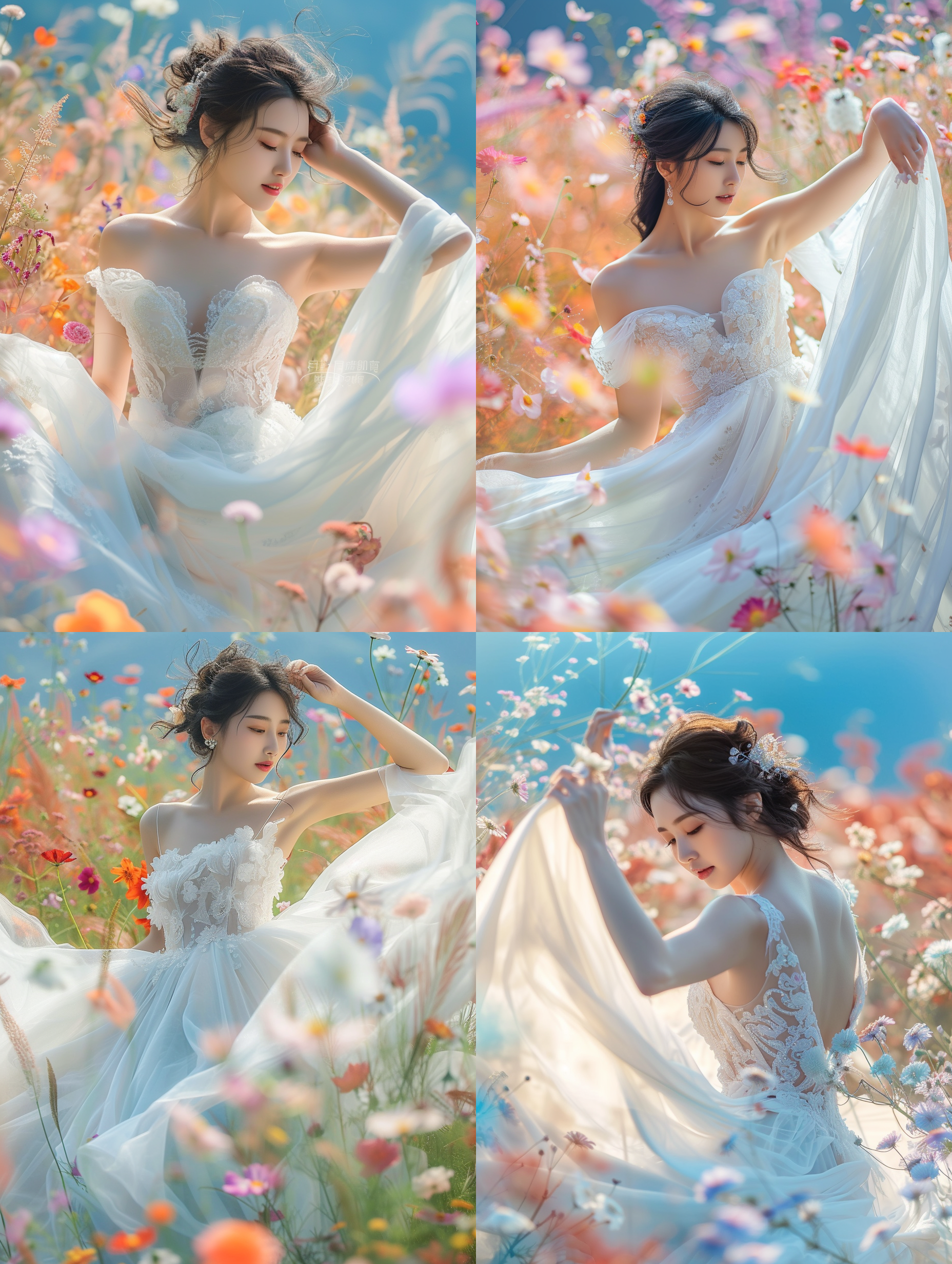 prompt. 中国新娘，白色婚纱，日本摄影风格，俏皮，happycore，异想天开的色调，自然光，全身拍摄，8k uhd。