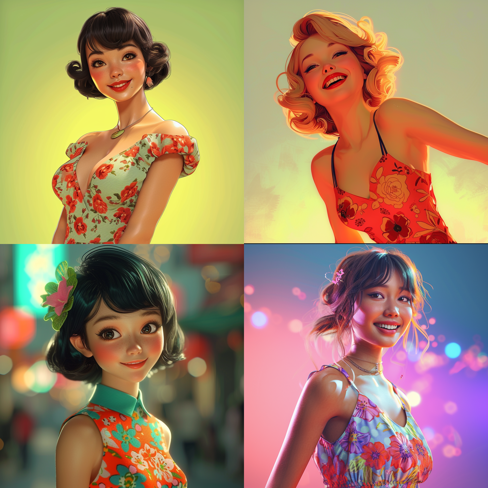 prompt. 60年代风格的pin up女孩，站立姿势，高动态范围，kawaii艺术，动画插图，daz3d，异国情调现实主义，充满活力的漫画，特写强度，日本灵感，彩色鲜艳，柔和光线，温暖色调，女孩穿着复古连衣裙，微笑灿烂，散发自信和快乐。