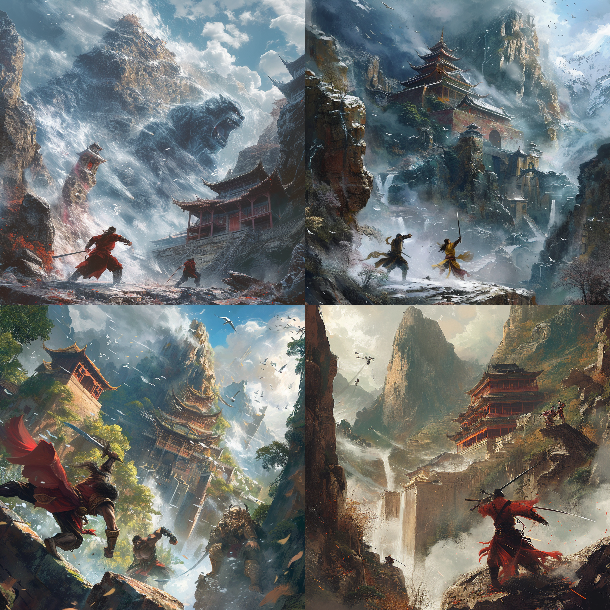 prompt. 孙悟空vs沙鲁，山地废墟，冷色调，广角镜头，真实人物，活泼，活力