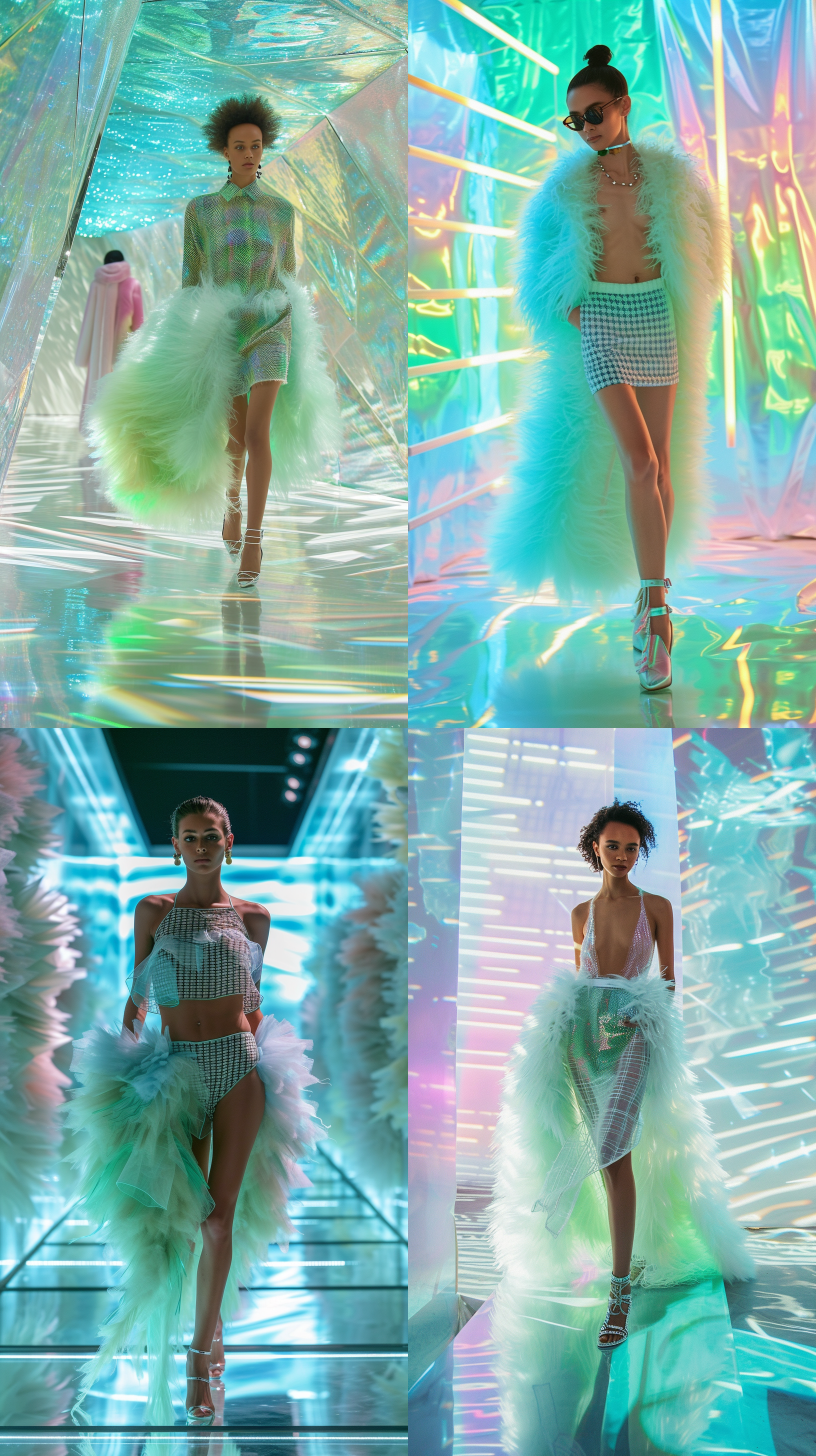 pueto rican model, walking on a runway made of pastel shiny glass, fashion luxury pastel fuzzy, furry, dress, models abs are showing, long pastel blue and green houndstooth skirt, cinematic, shiny glowing pastel stained galss windows in a modern style, art deco,