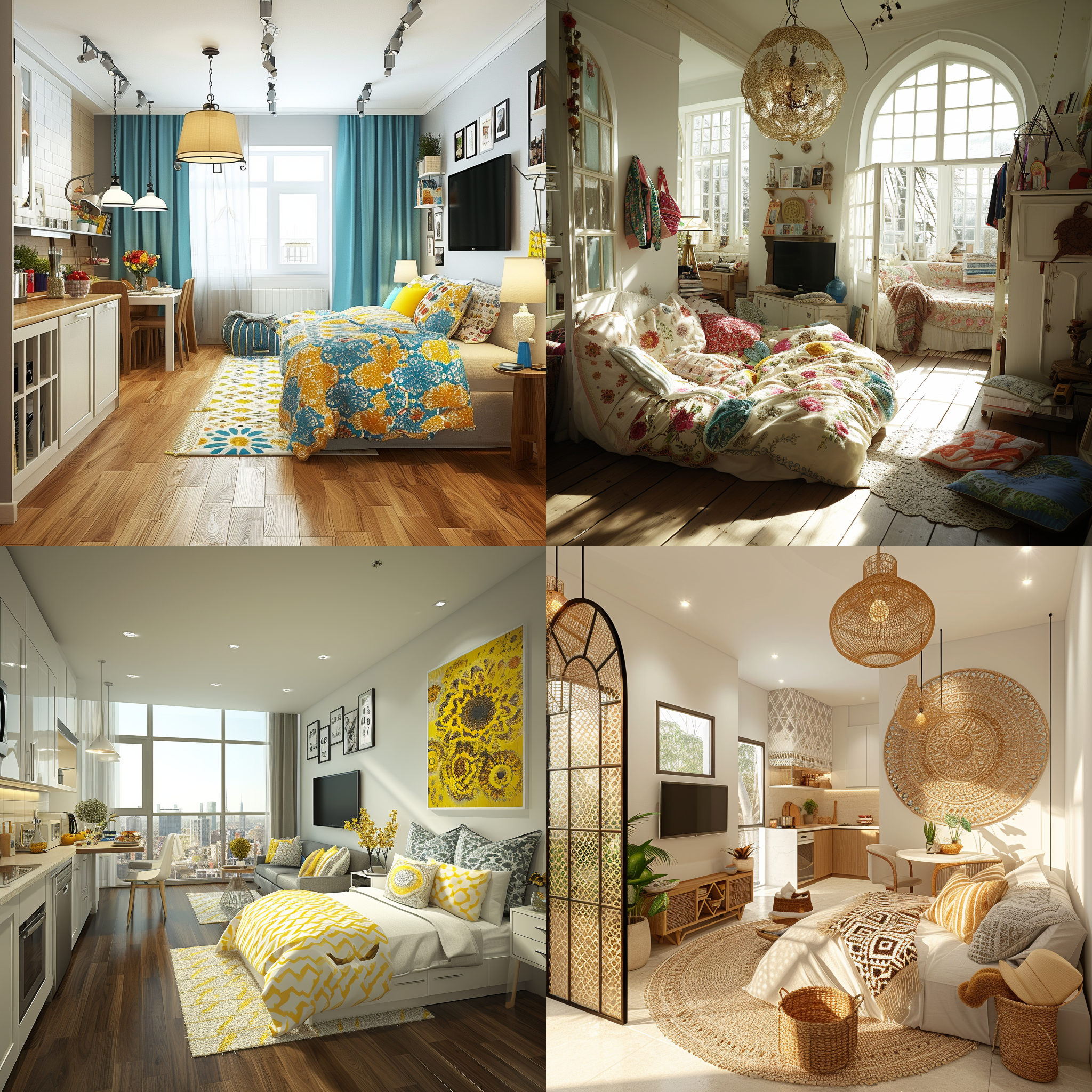 单身女生房间，广角，可以看到紧凑设计的室内布局，一进门左手边是厨房和餐厅的结合设计，往里走是起居室，有个非常舒服的沙发，沙发对面是电视，最里面是卧室，超大玻璃把阳光照进屋里，整个房间明亮，温馨，房间有很多女生的摆件，整体设计被狗现代，徕卡相机风格，照片里没有人物，