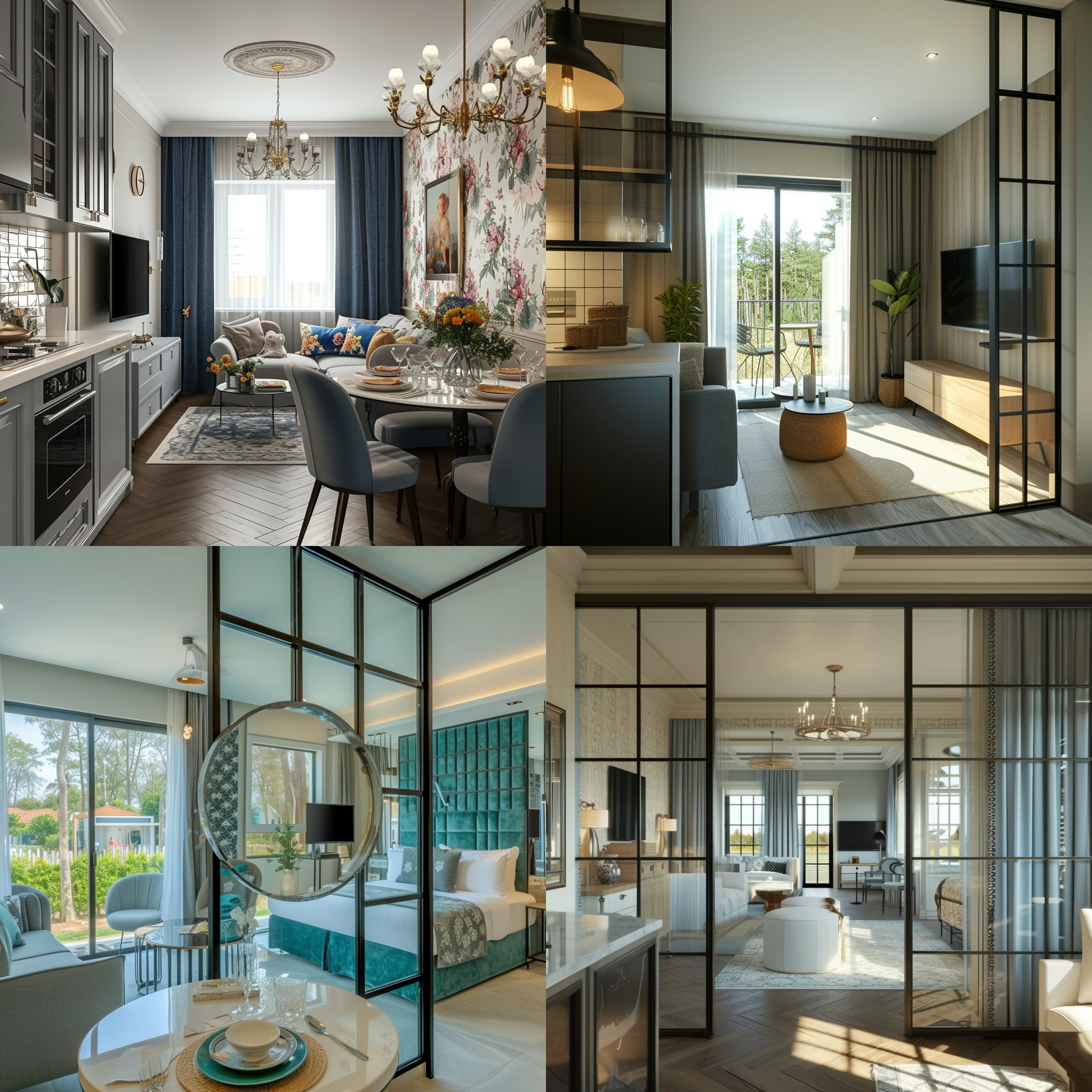 单身女生房间，广角，可以看到紧凑设计的室内布局，一进门左手边是厨房和餐厅的结合设计，往里走是起居室，有个非常舒服的沙发，沙发对面是电视，最里面是卧室，超大玻璃把阳光照进屋里，整个房间明亮，温馨，房间有很多女生的摆件，整体设计被狗现代，徕卡相机风格，照片里没有人物，