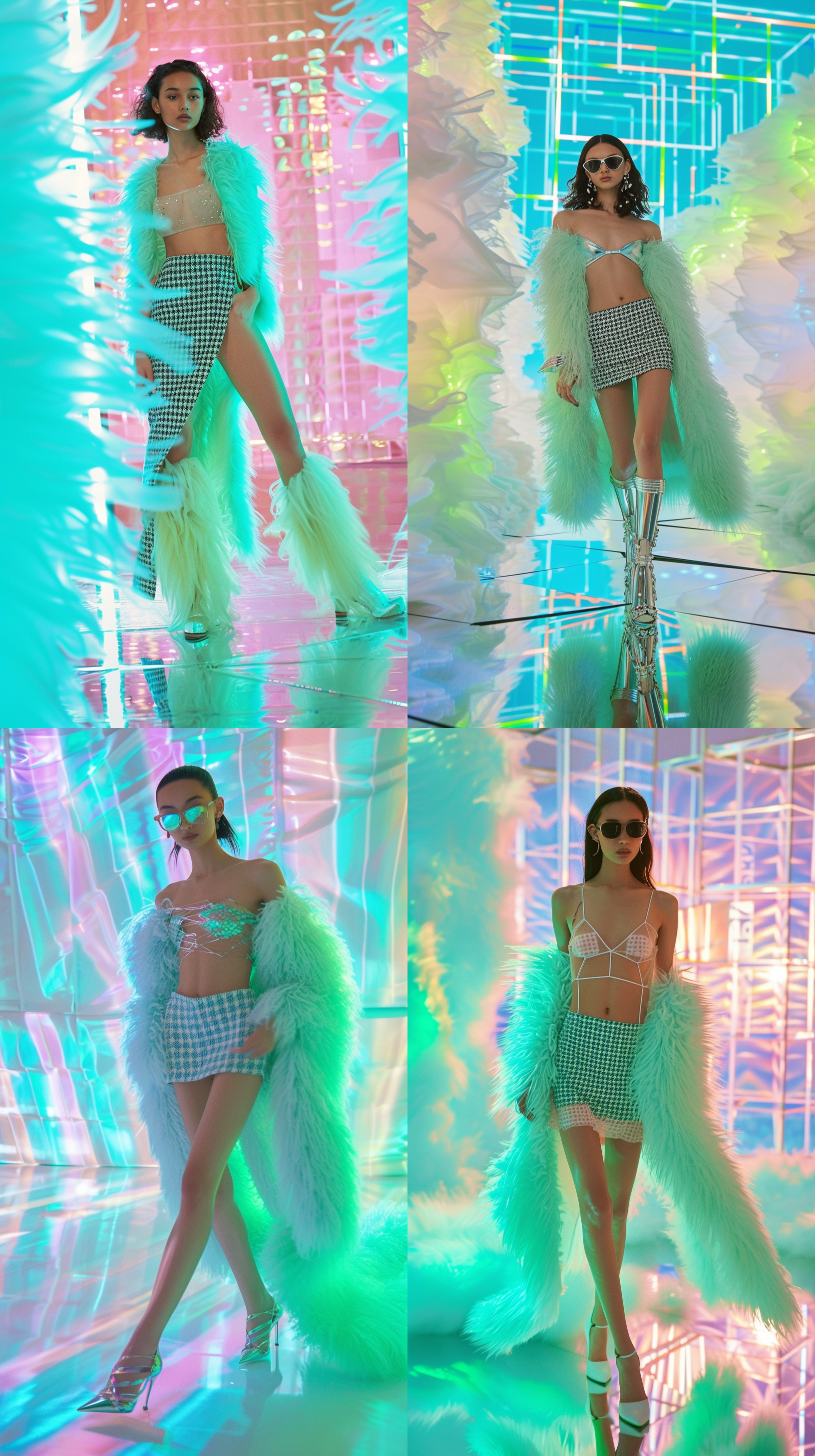 pueto rican model, walking on a runway made of pastel shiny glass, fashion luxury pastel fuzzy, furry, dress, models abs are showing, long pastel blue and green houndstooth skirt, cinematic, shiny glowing pastel stained galss windows in a modern style, art deco,