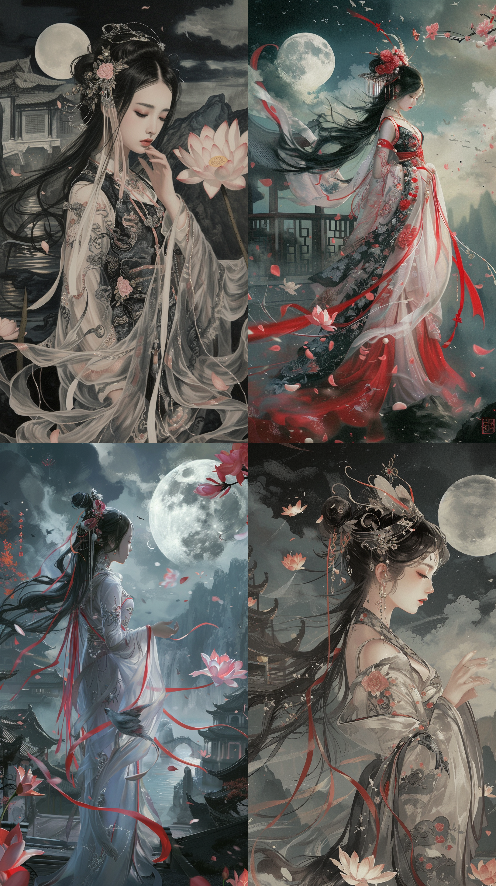 杰作，最好的质量，1女孩，穿着刺绣的衣服，丝带，头饰，黑色的头发，流动，建筑，莲花，花瓣，月亮，云，山，