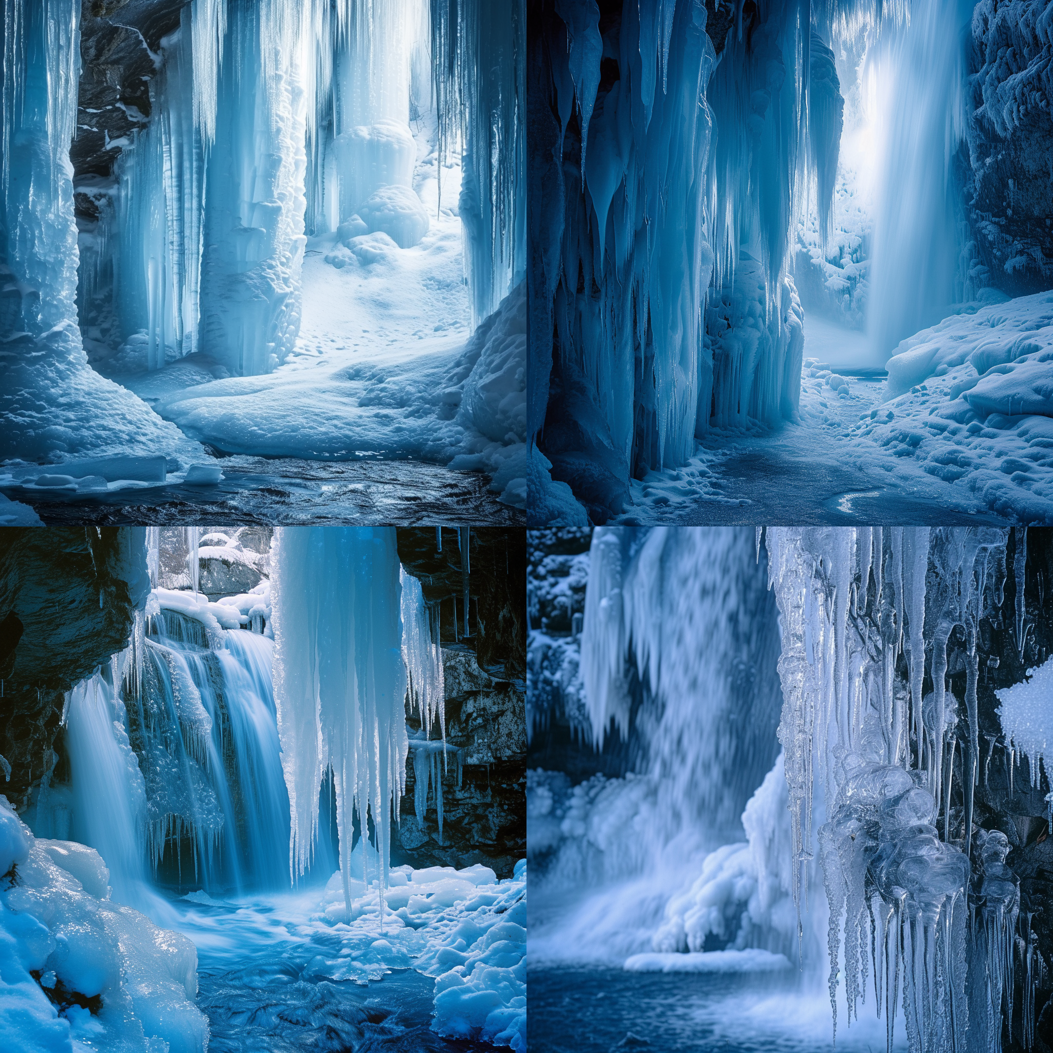 瀑布结冰，垂直构图，冰雪环境，蓝色调，长焦镜头，自然光，静态，冰柱，壮观。