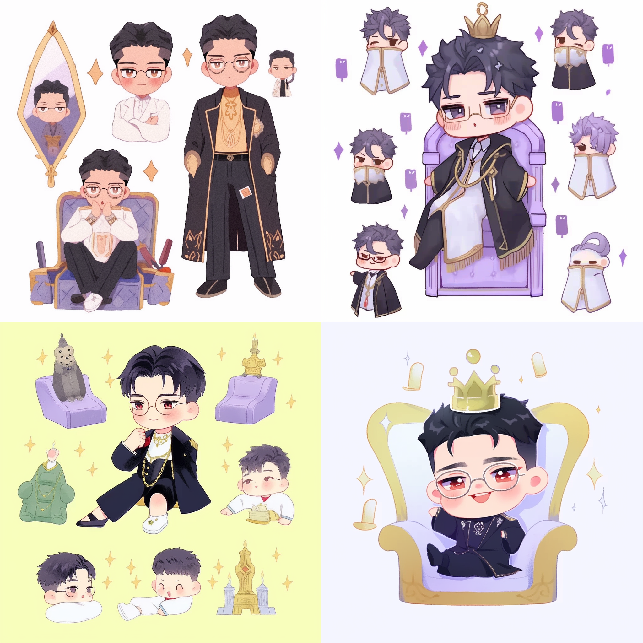 prompt. 可爱男孩贴纸，戴眼镜，短发淡紫色，快乐表情，白色背景，插画卡通角色，迪士尼风格，皮克斯风格，高品质，细节丰富。