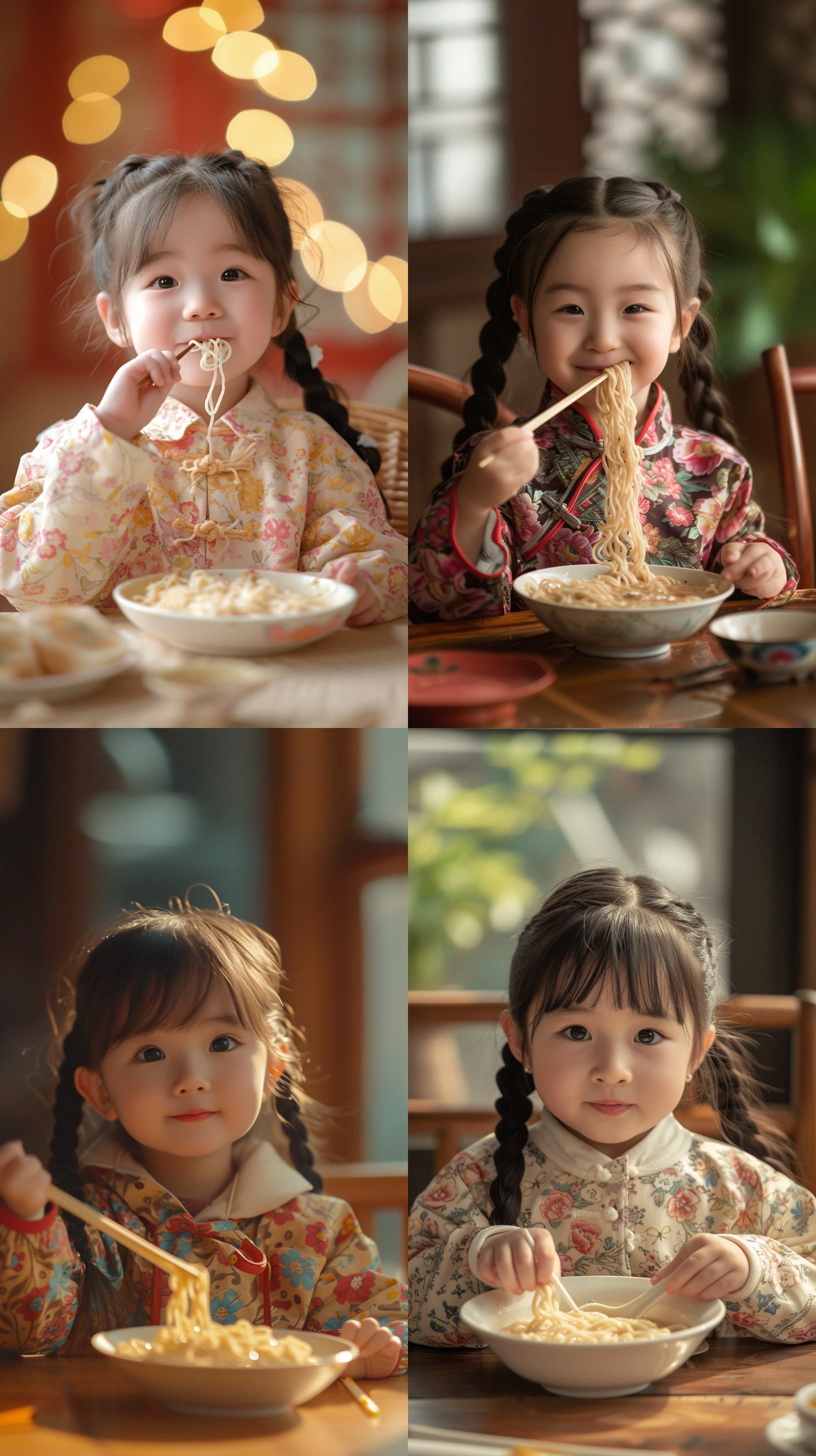 流鼻涕三岁中国小女孩穿着大花袄吃面条，辫子，桌子上，真实质感，超高清8k，可爱欢快，明亮色调，室内环境，正面拍摄，近距离特写，咀嚼动作，温暖光线，悦动情绪。