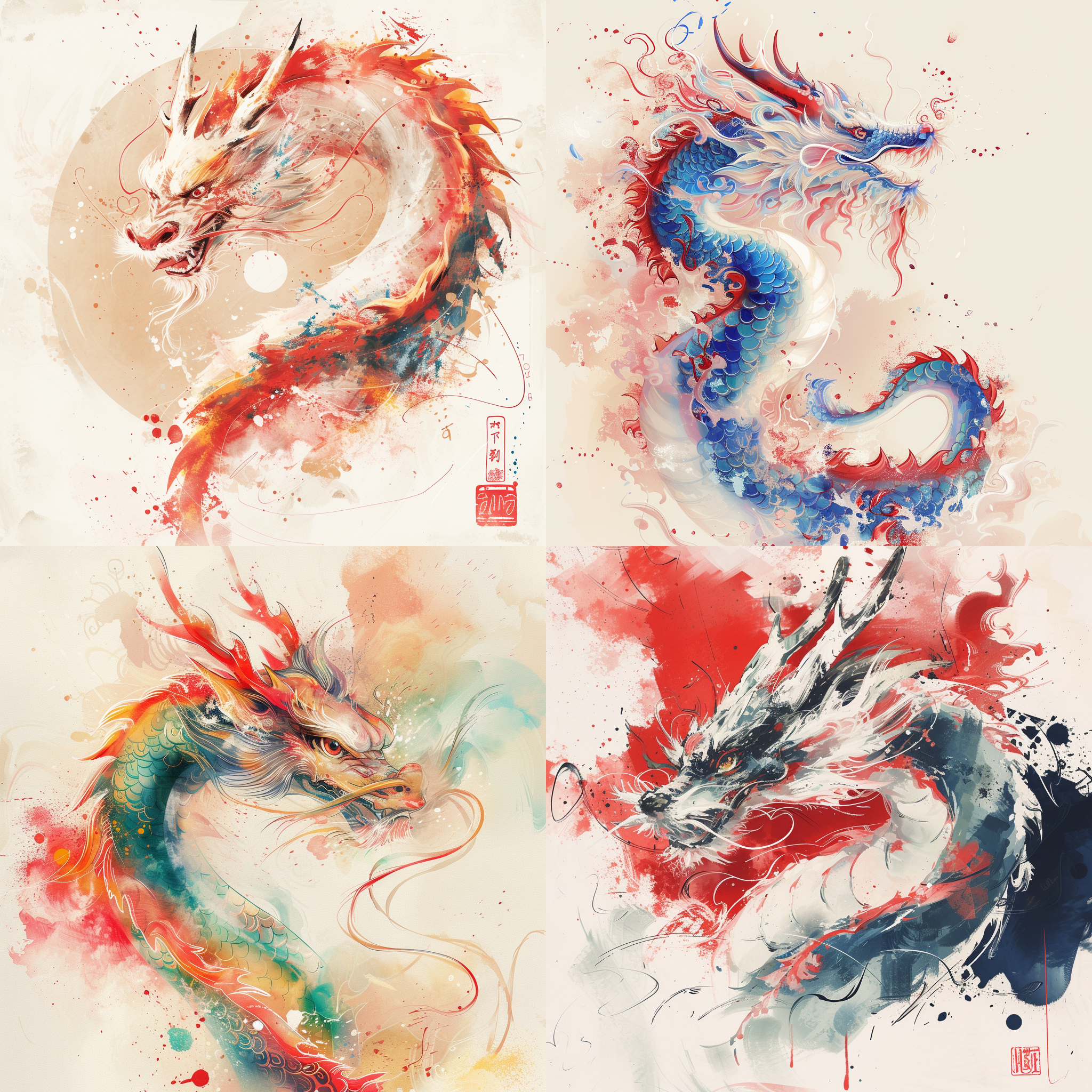 可爱的中国龙，法国艺术，时尚，图形，梵高，概念艺术，传统中国水墨画风格，新艺术运动，蔡国强，极简主义，干净的背景趋势，伦勃朗特光，8k平滑，幻想，插画。