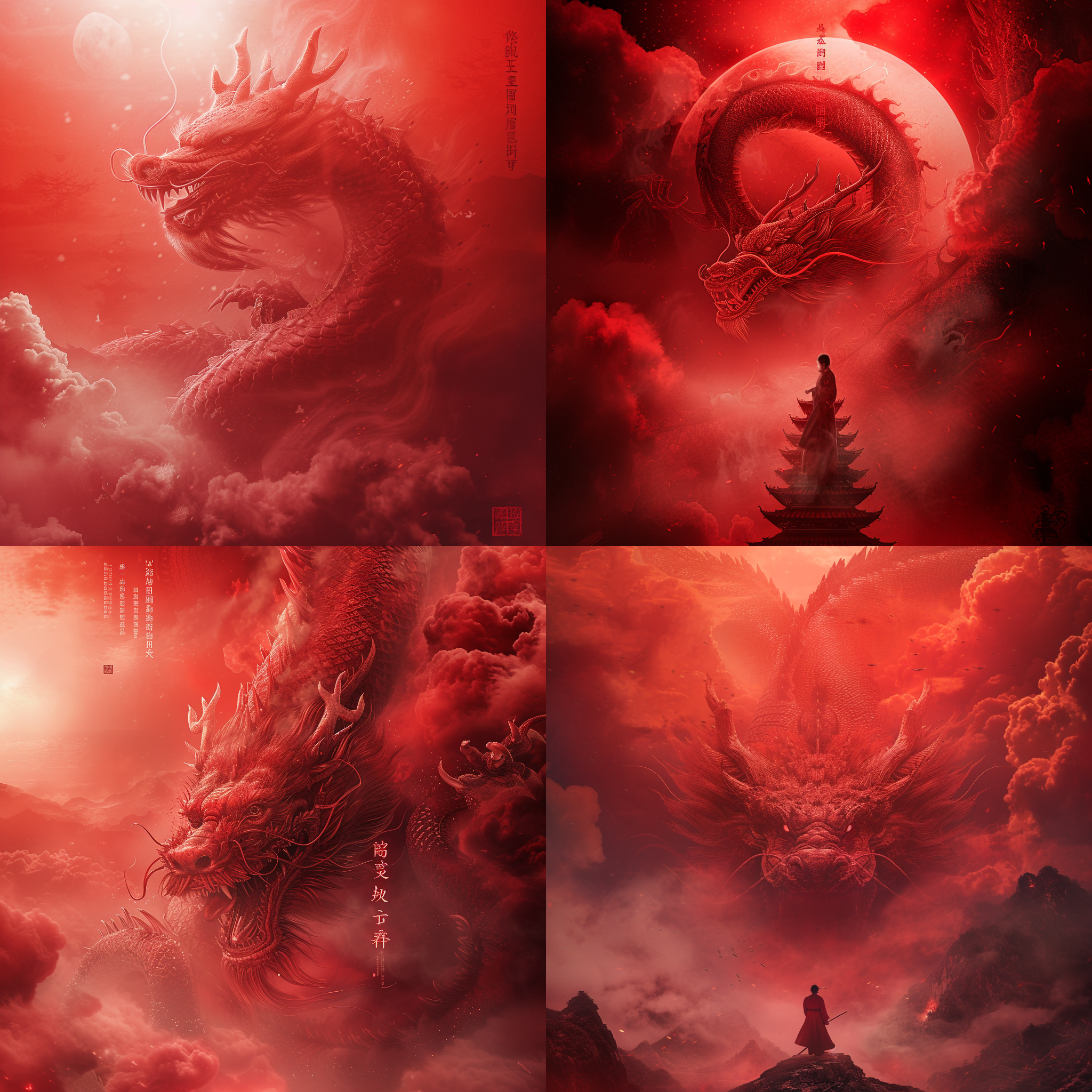 prompt. 中国神话电影海报，中国红龙，鲜明风格，红色渐变背景，云雾梦幻细节，高清晰度，电影级海报，oshare kei，超高清图像，maggismo，photobashing，超写实，令人难以置信，梦幻，3d渲染，8k。