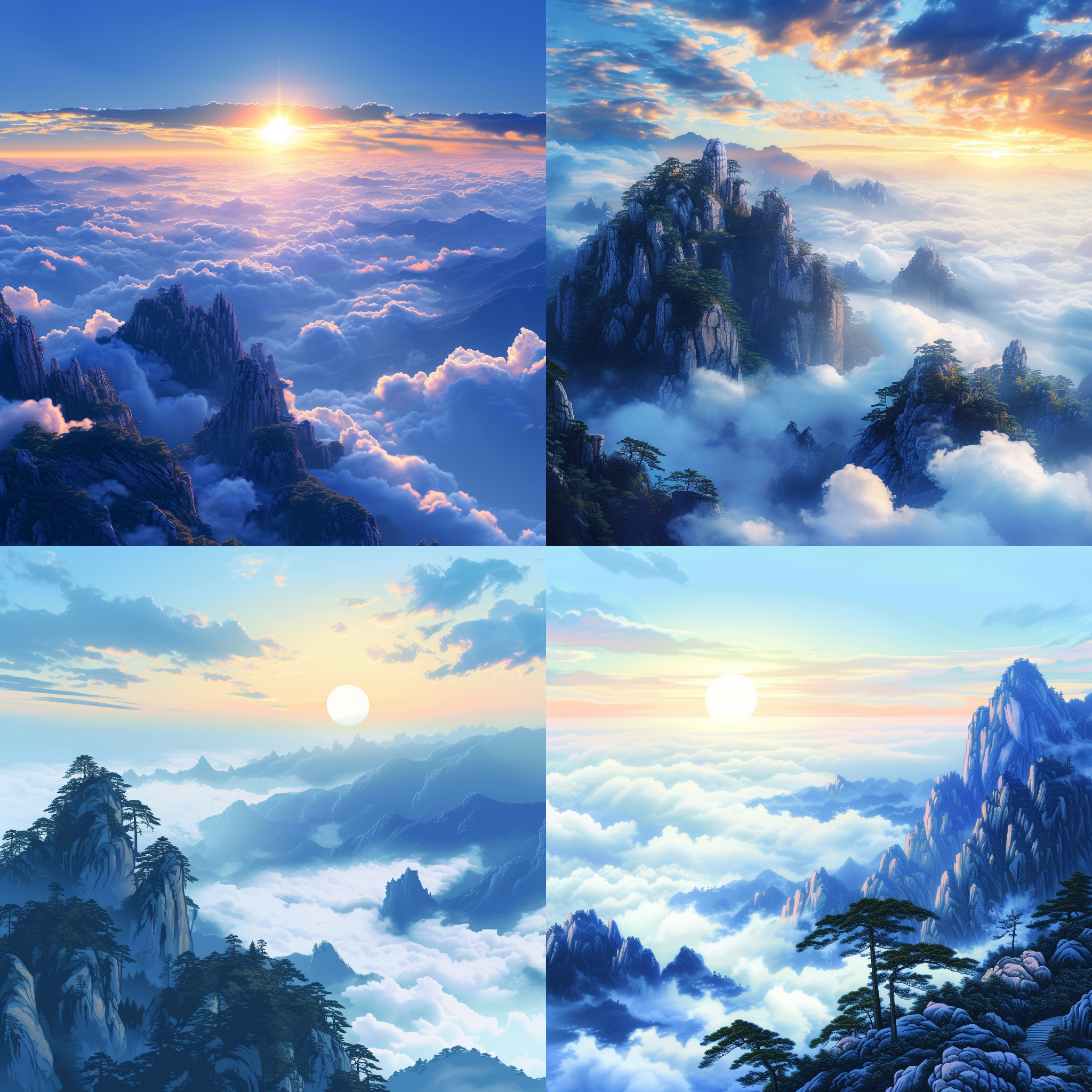 prompt. 黄山日出，云海，国风插画，夏日风情，航拍视角，蓝天白云，壁纸风格，细节丰富，远景近景对比，明亮色调，传统元素，宏伟壮观，自然光线，和谐平衡，宁静感，历史底蕴。