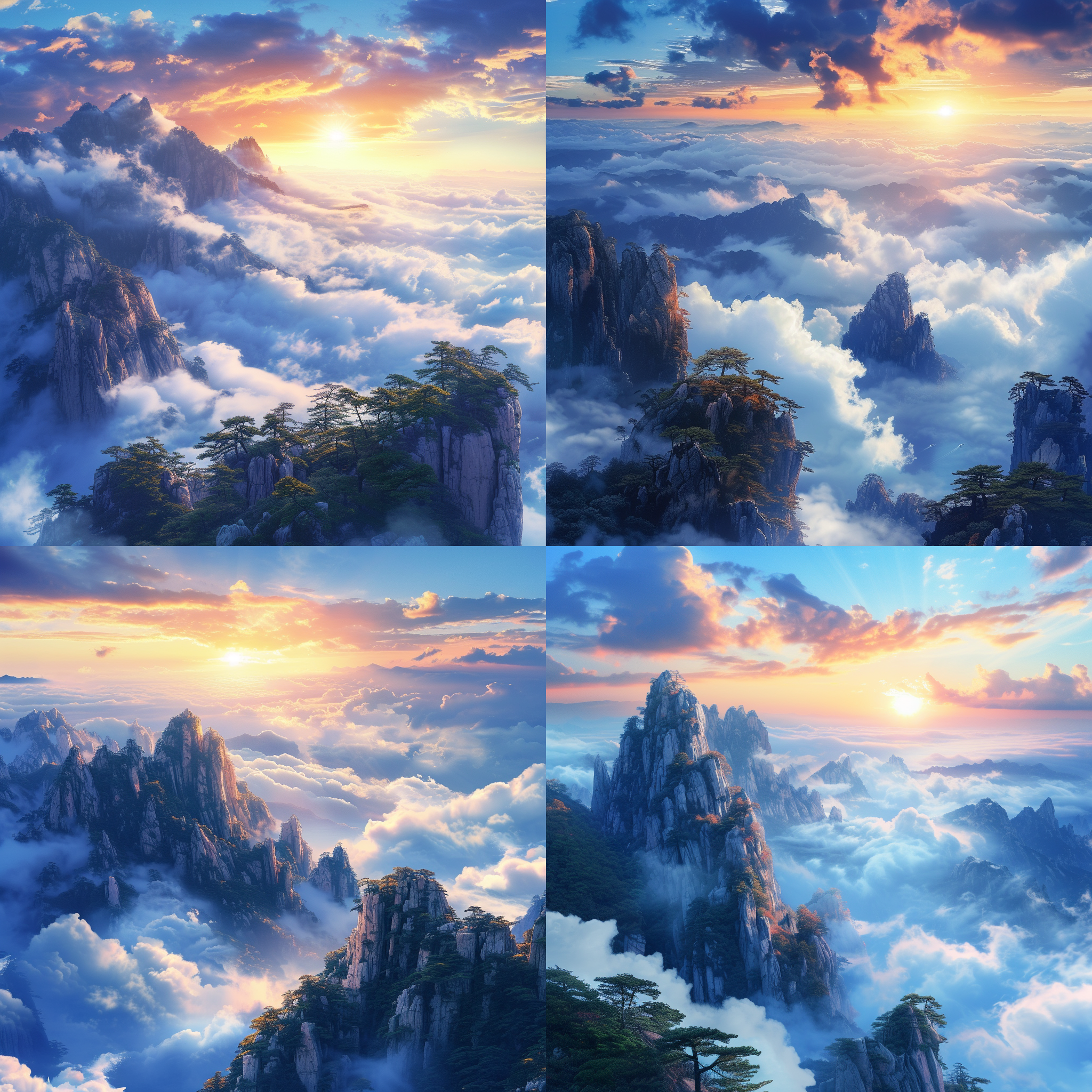 prompt. 黄山日出，云海，国风插画，夏日风情，航拍视角，蓝天白云，壁纸风格，细节丰富，远景近景对比，明亮色调，传统元素，宏伟壮观，自然光线，和谐平衡，宁静感，历史底蕴。