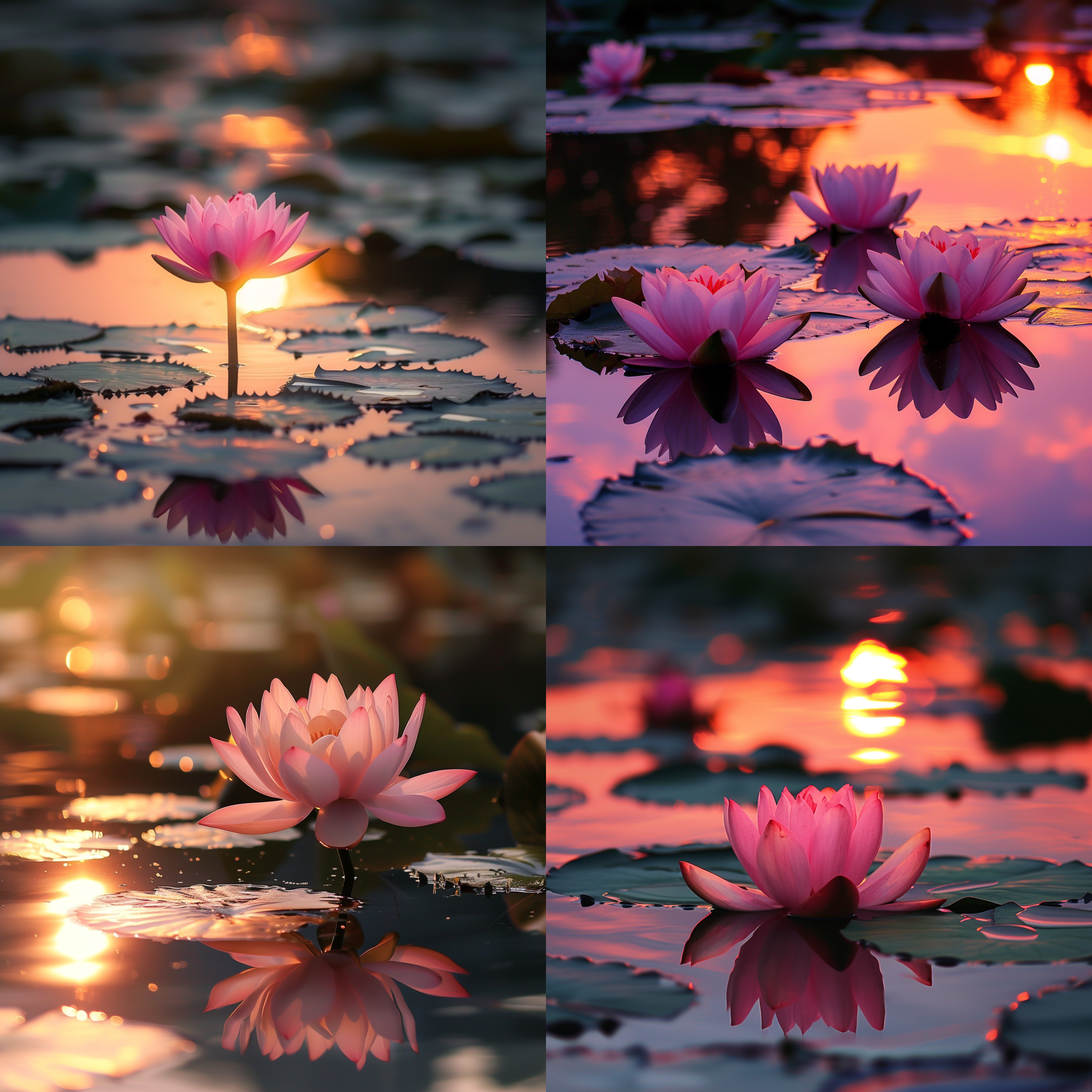 prompt. 荷花池，日落，倒影，静谧，清晰，水面，粉色，镜头特写，自然光，婉转，优雅。